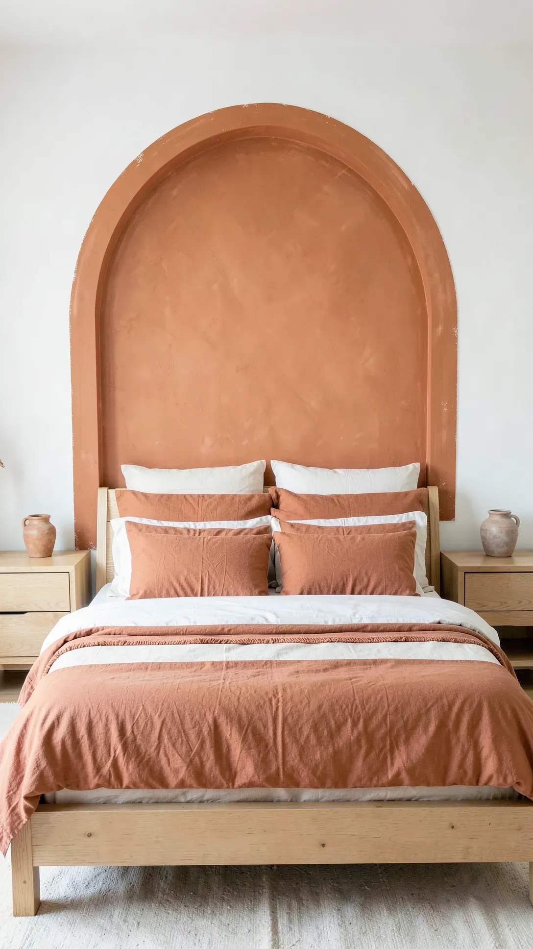 A large terracotta-colored arch painted on the wall behind a bed, serving as a visual headboard.