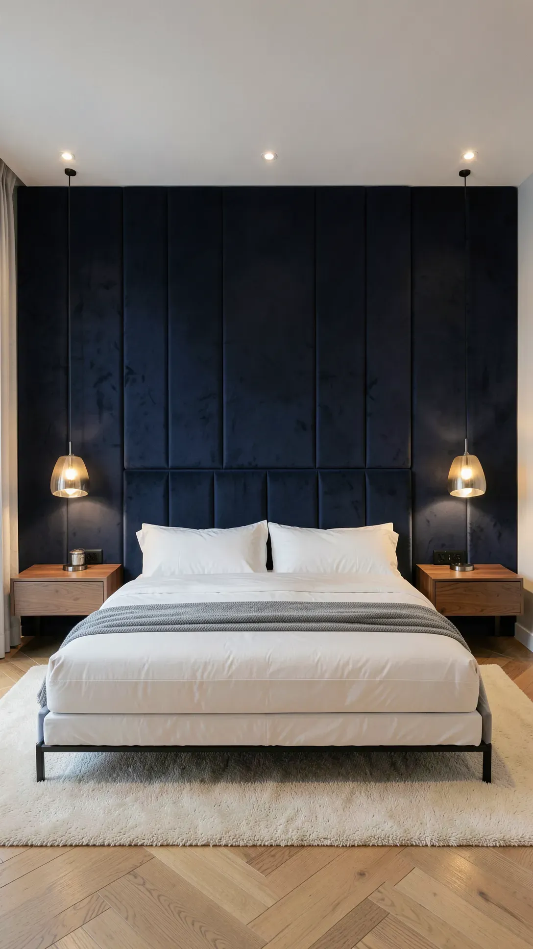 A luxurious bedroom featuring a full wall of vertical navy velvet upholstered panels behind a white bed.