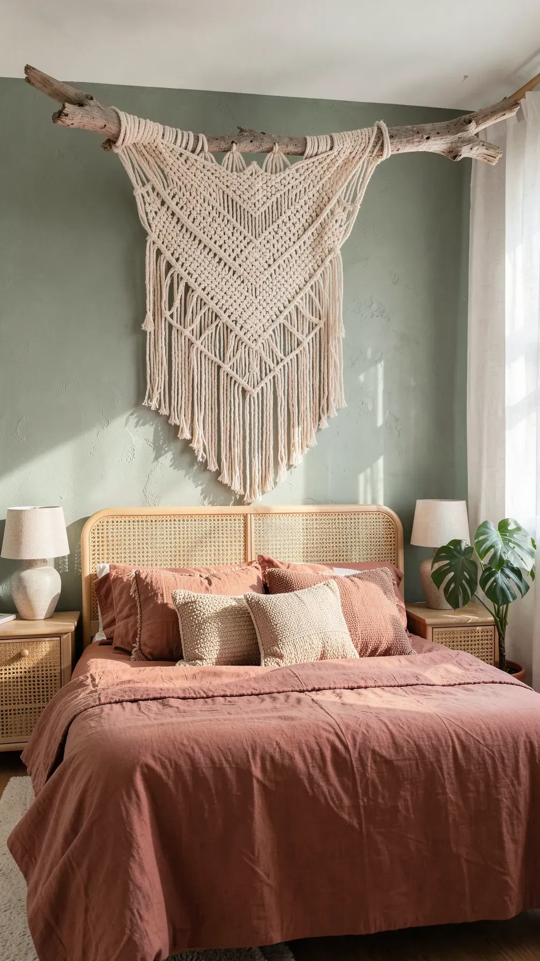 A boho bedroom with a large cream macramé wall hanging on driftwood above a terracotta linen bed.