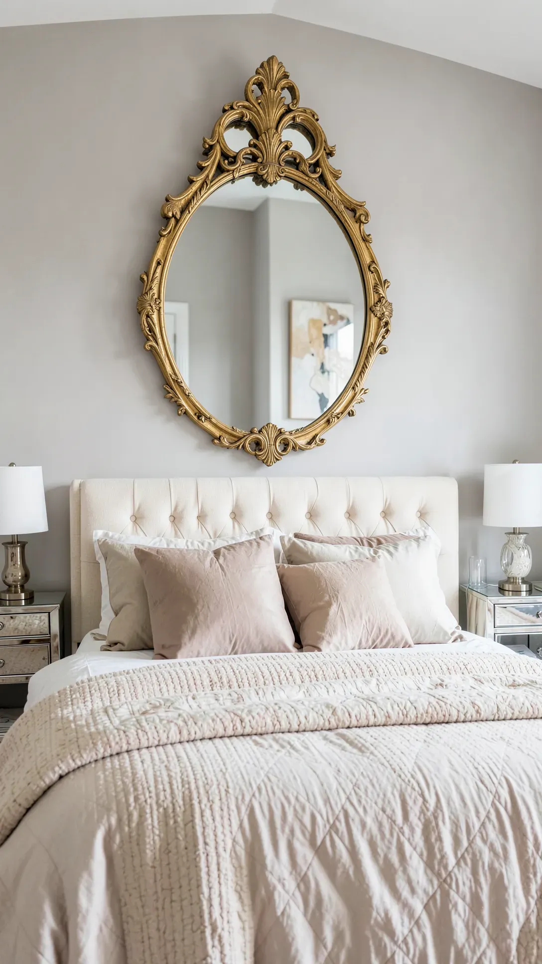 An ornate antique gold oval mirror centered on a grey wall above a cream tufted headboard.