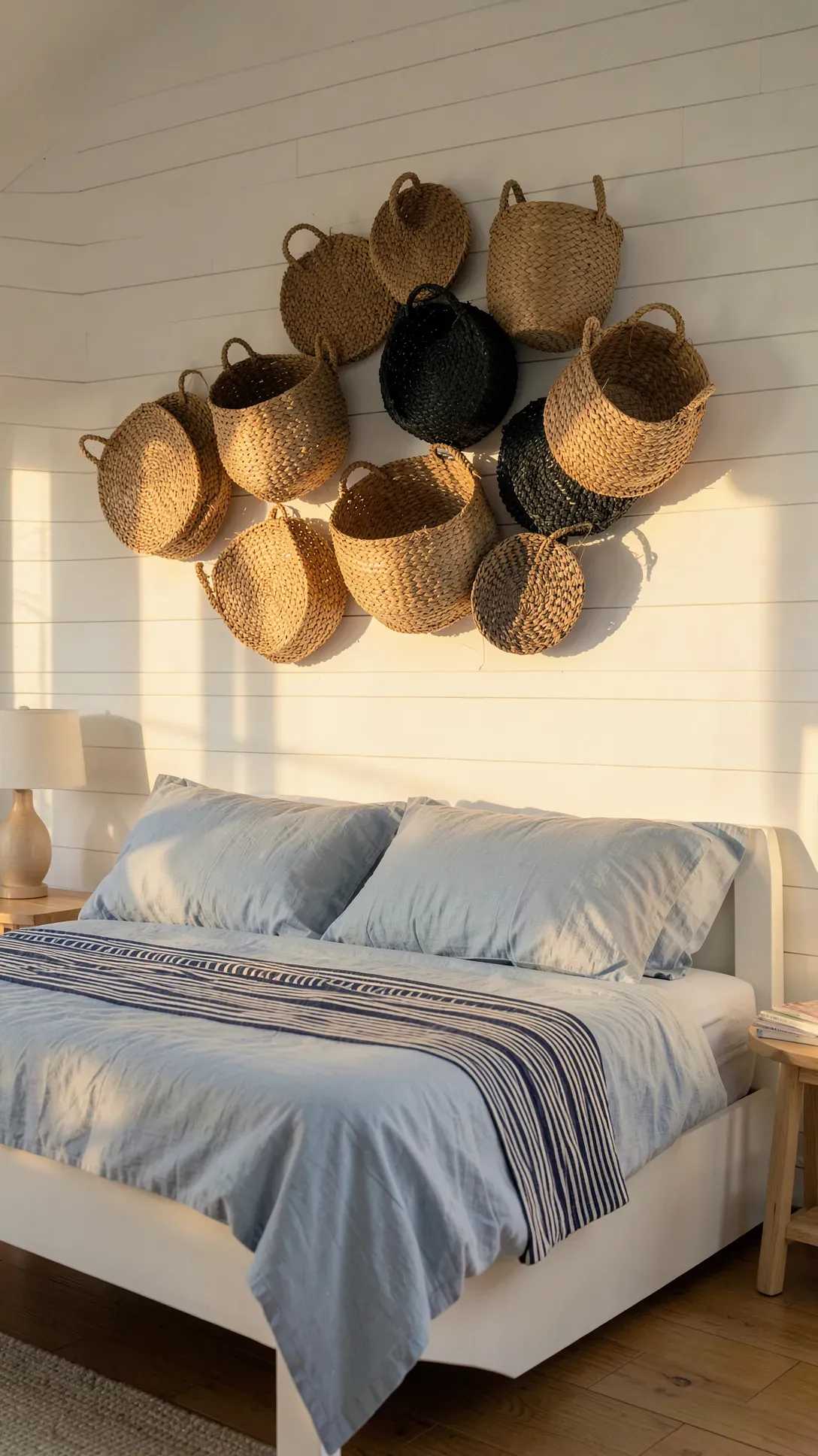 A cluster of textured woven seagrass baskets arranged in an organic pattern on a white bedroom wall.