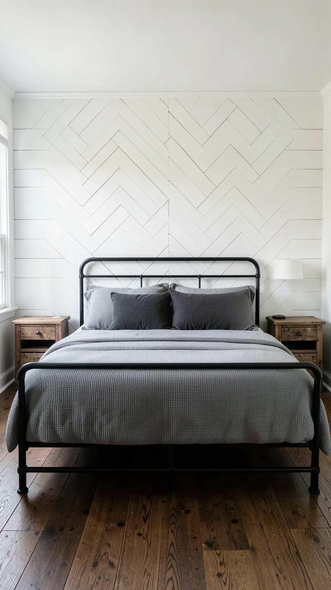 A bedroom wall featuring white shiplap planks installed in a decorative herringbone pattern behind the bed.