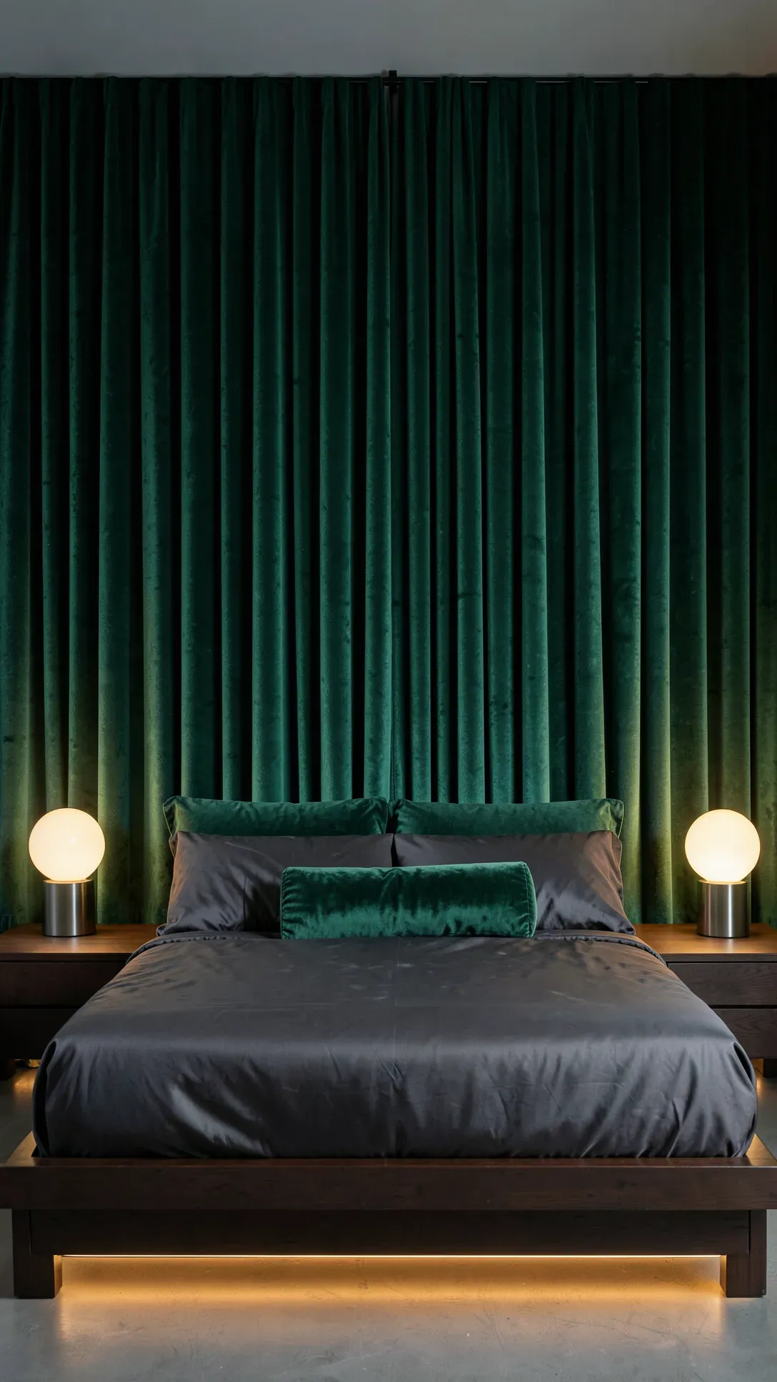 Dramatic floor-to-ceiling emerald green velvet curtains covering the entire wall behind a modern bed.