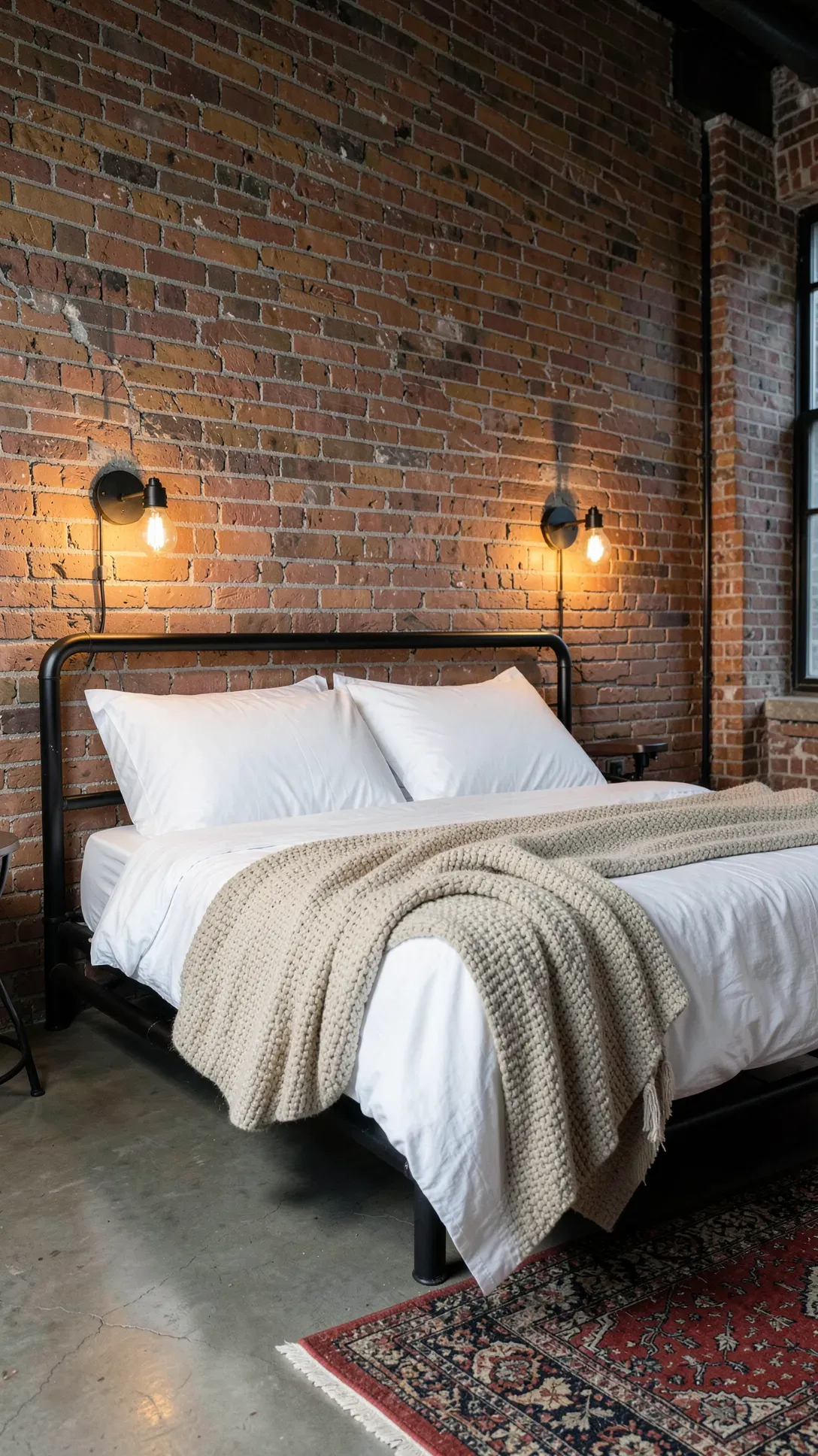 An industrial bedroom with an exposed red brick accent wall behind a black metal bed frame.