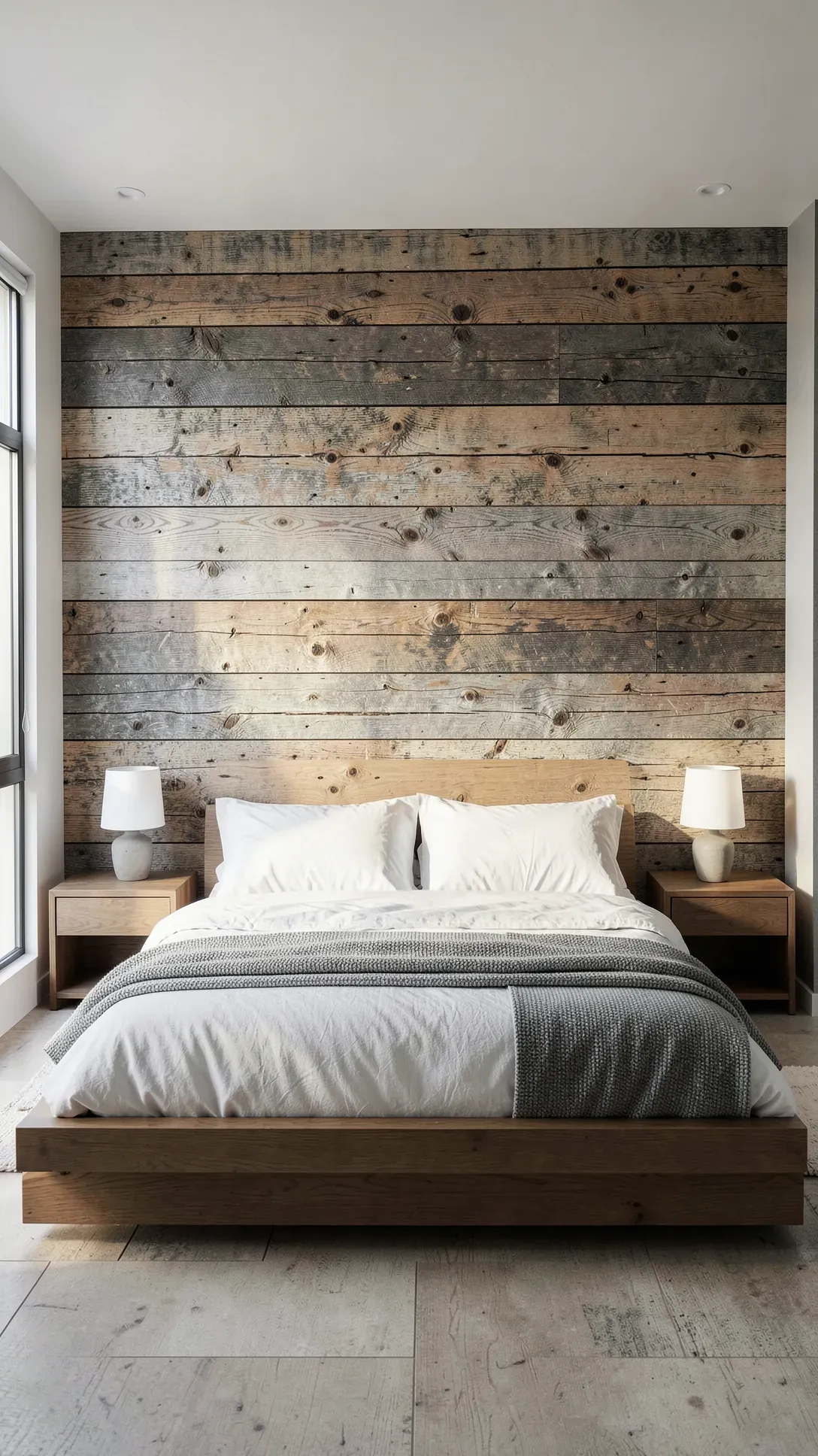 A bedroom featuring a textured reclaimed wood plank wall behind a bed with white linens.