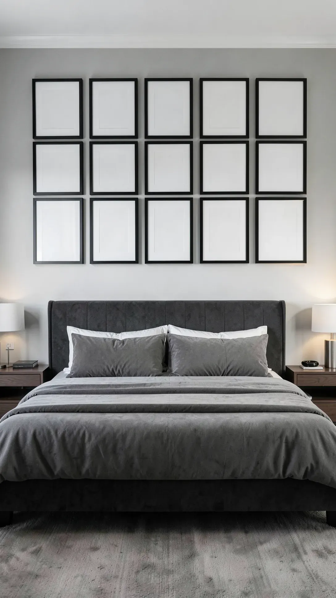 A symmetrical grid of nine black picture frames arranged in a 3x3 layout above a bed.