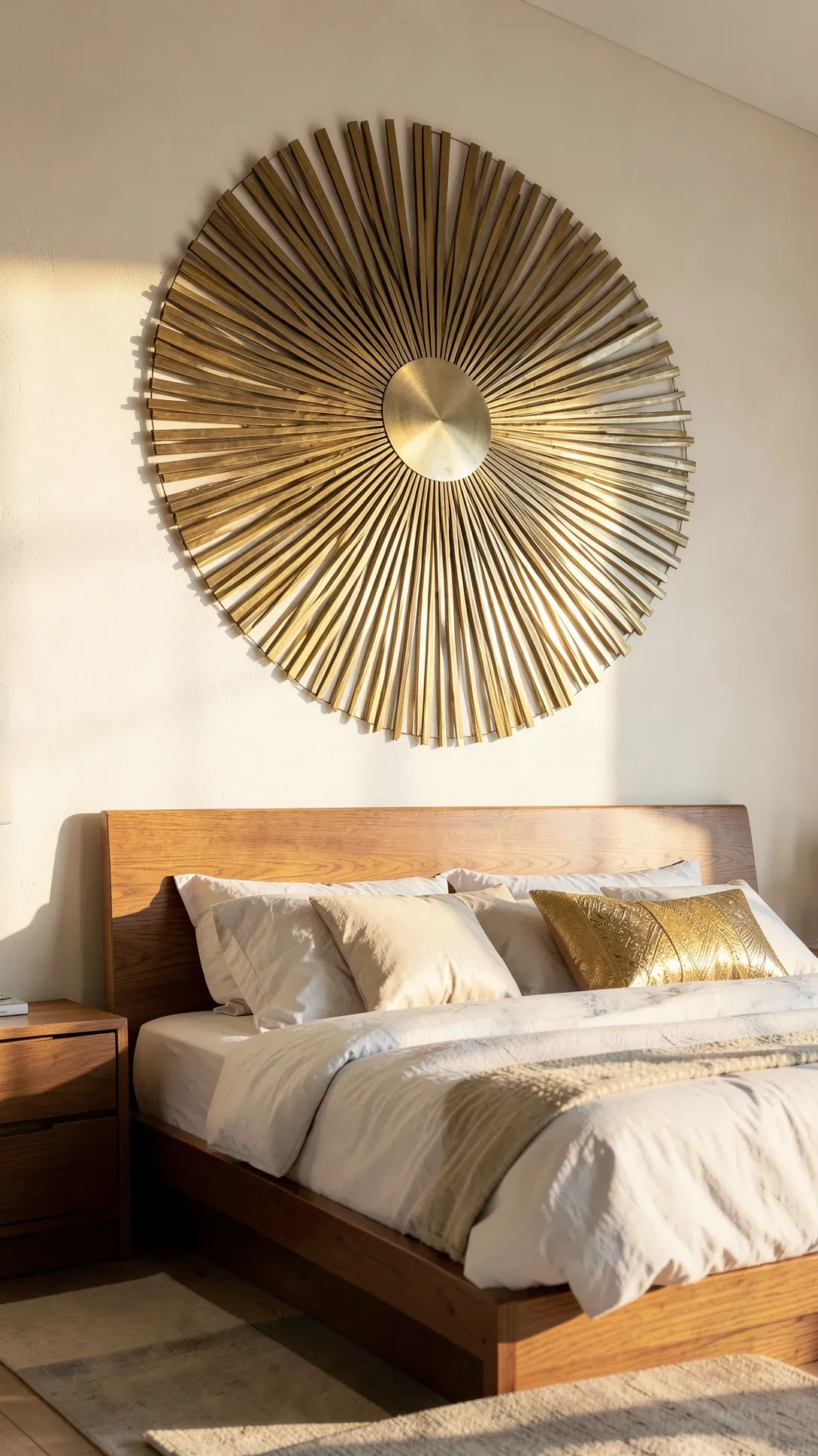 A large gold sunburst metal sculpture hanging on the wall above a modern bed.