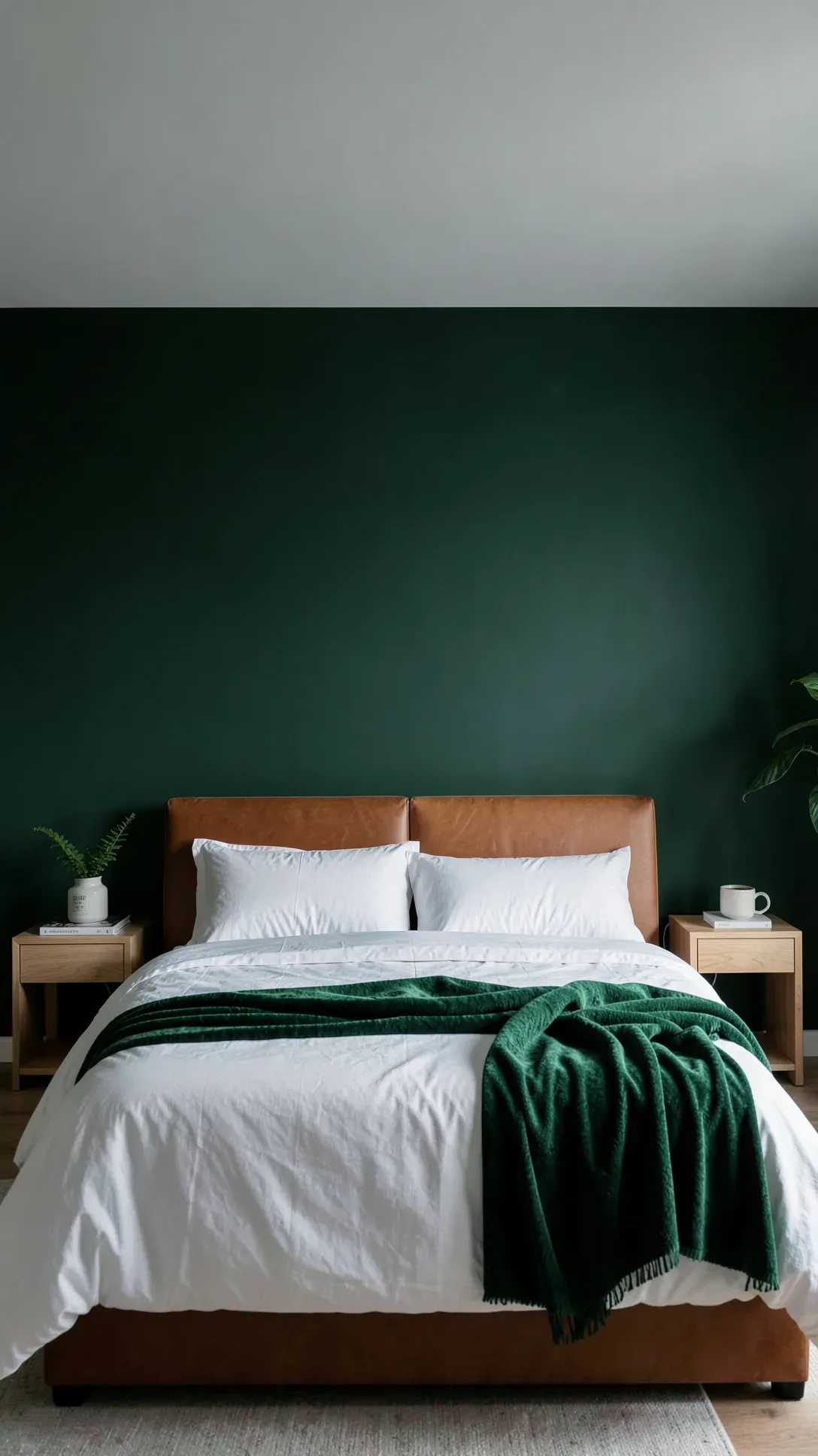 A deep forest green matte accent wall behind a bed with a leather headboard and white bedding.