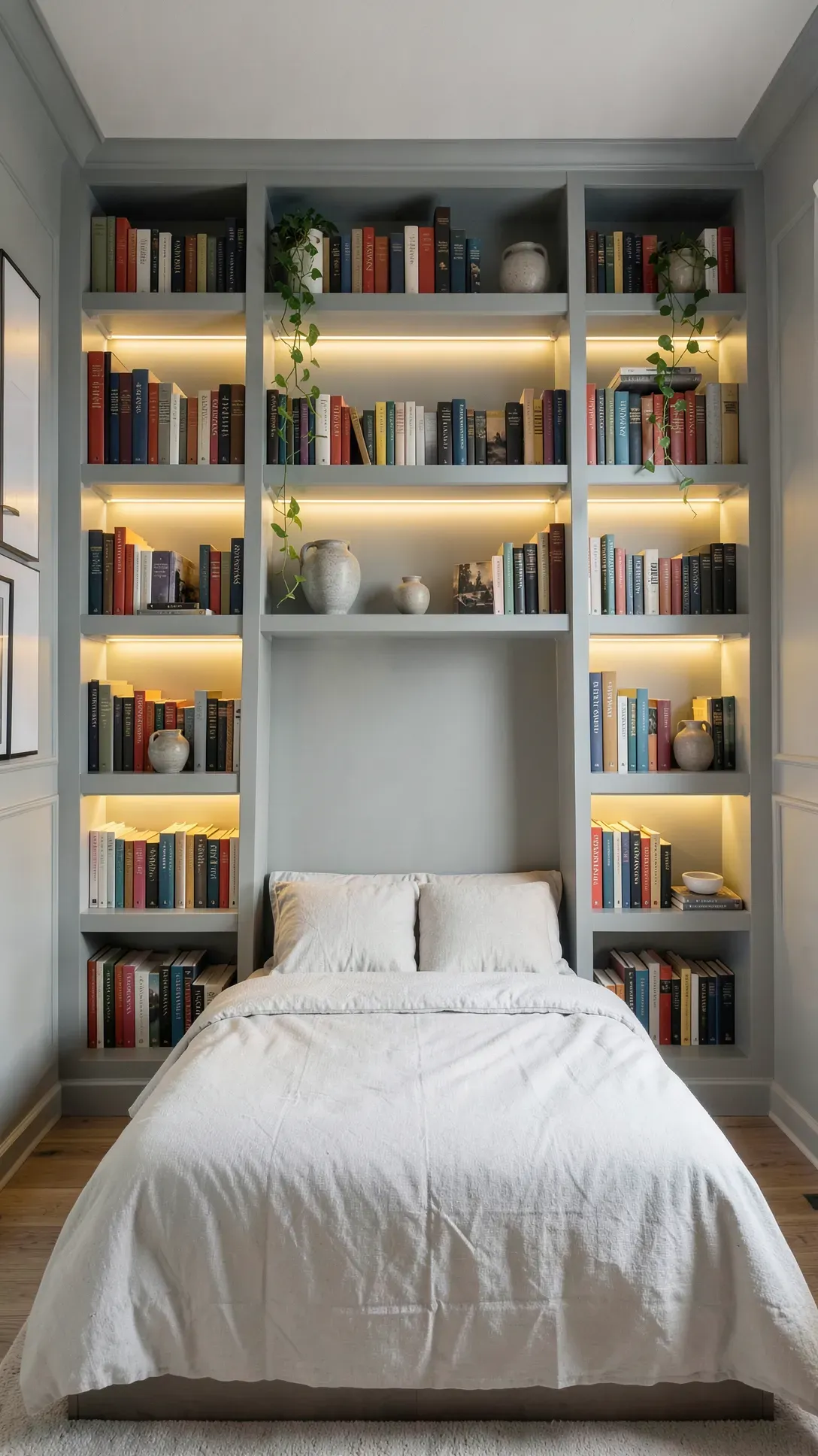 Built-in bookshelves framing a bed, filled with books and decorative objects in a cozy room.