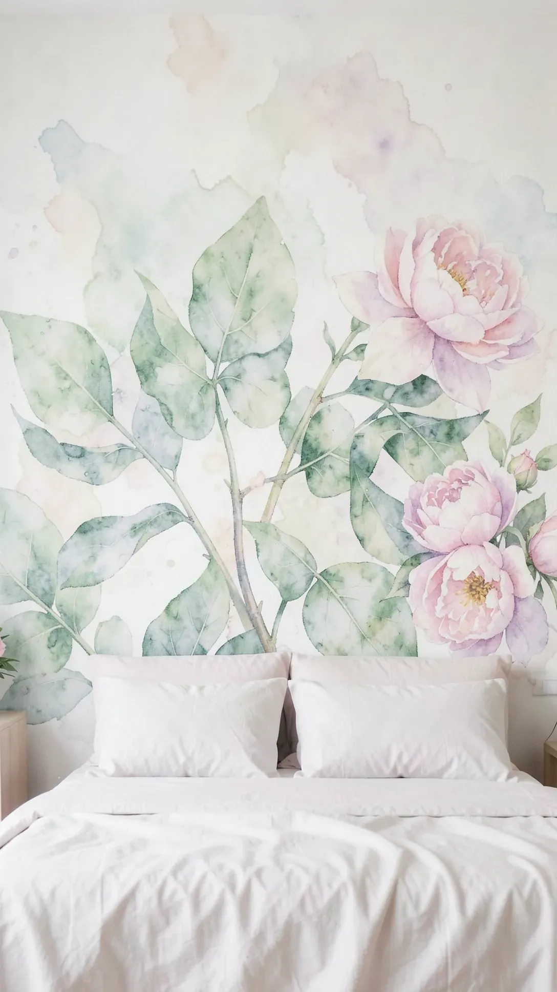A soft watercolor botanical mural of leaves and flowers on the wall behind a bed.