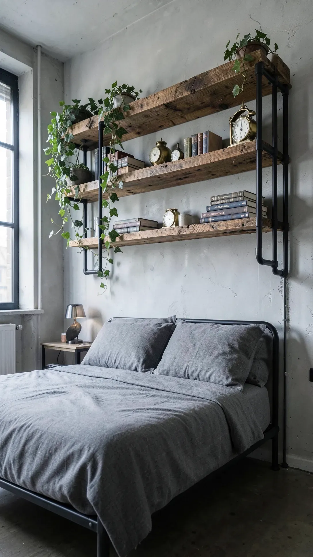 Black industrial pipe and wood shelves mounted on the wall above a bed, holding plants and books.
