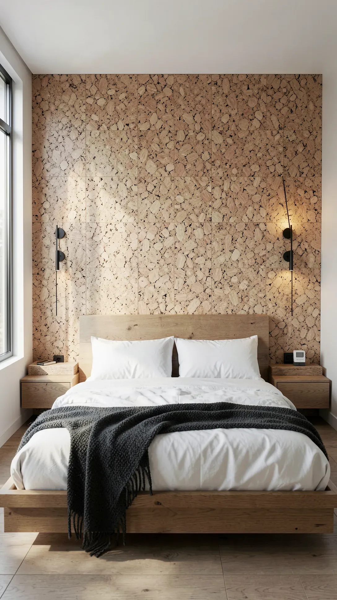 A modern bedroom featuring a textured natural cork tile accent wall behind a low wooden bed.