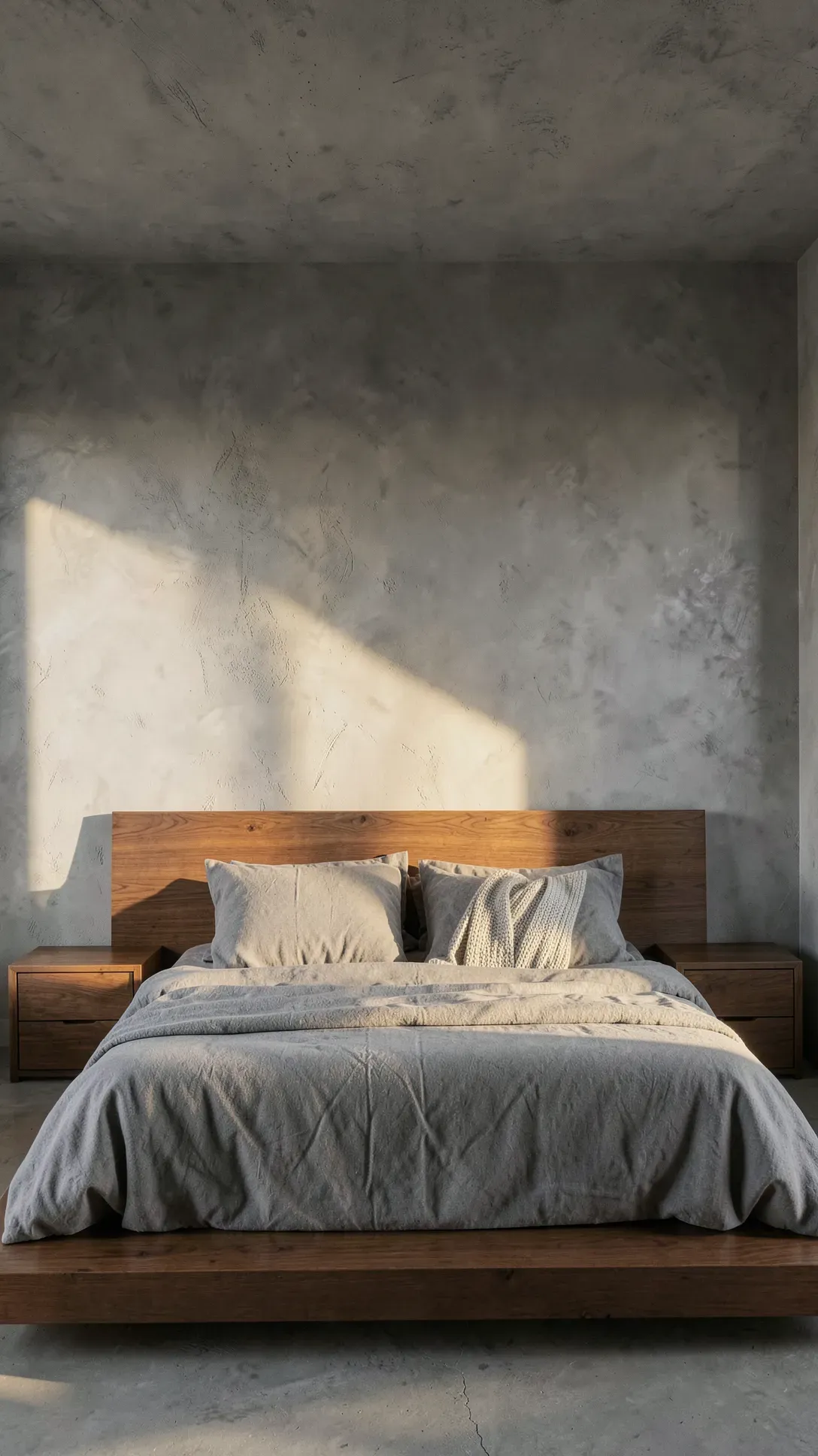 A minimalist bedroom with a grey faux-concrete plaster accent wall and warm wood furniture.
