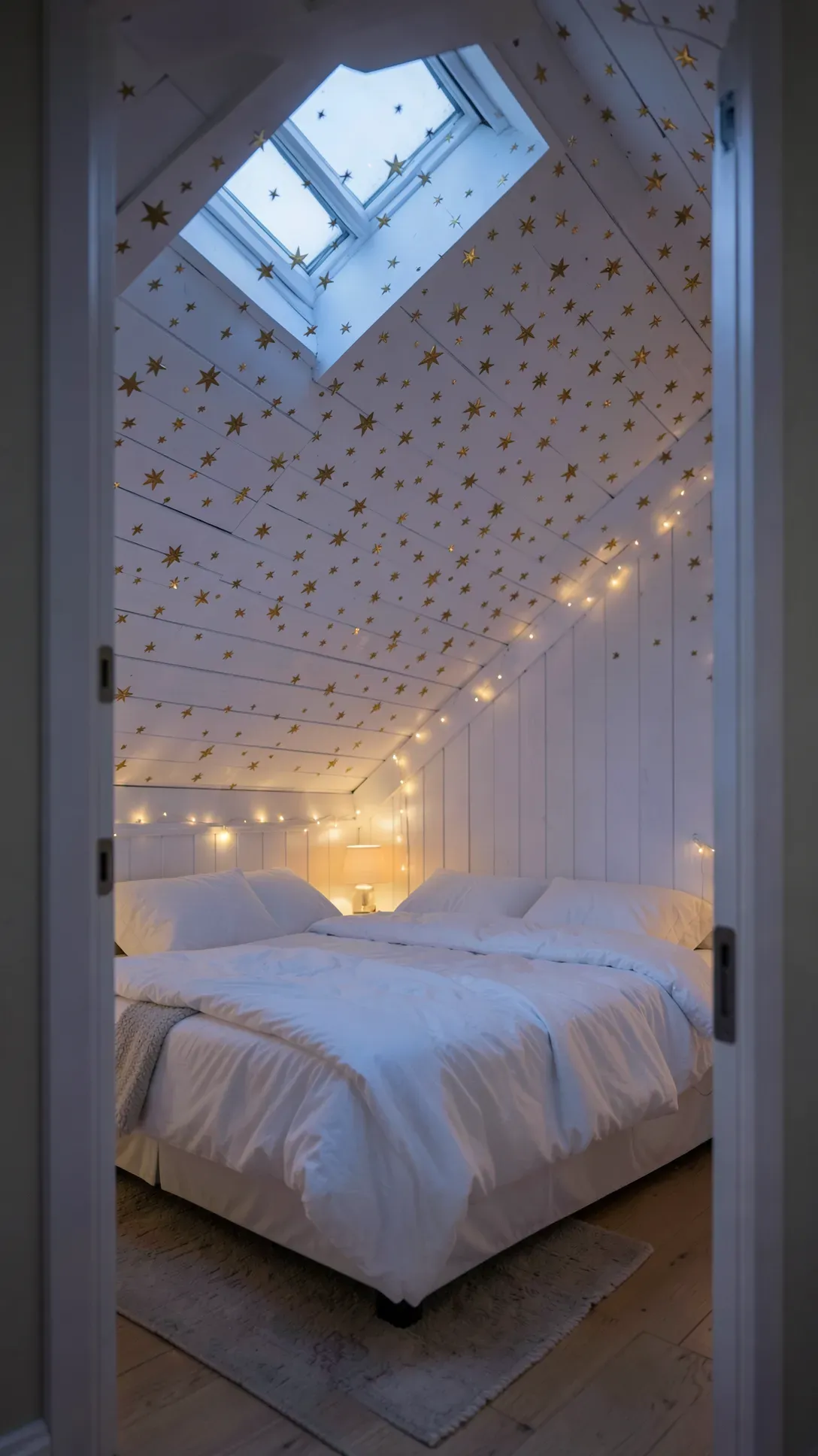 A cozy attic bedroom with gold star decals on the slanted ceiling above a white bed.