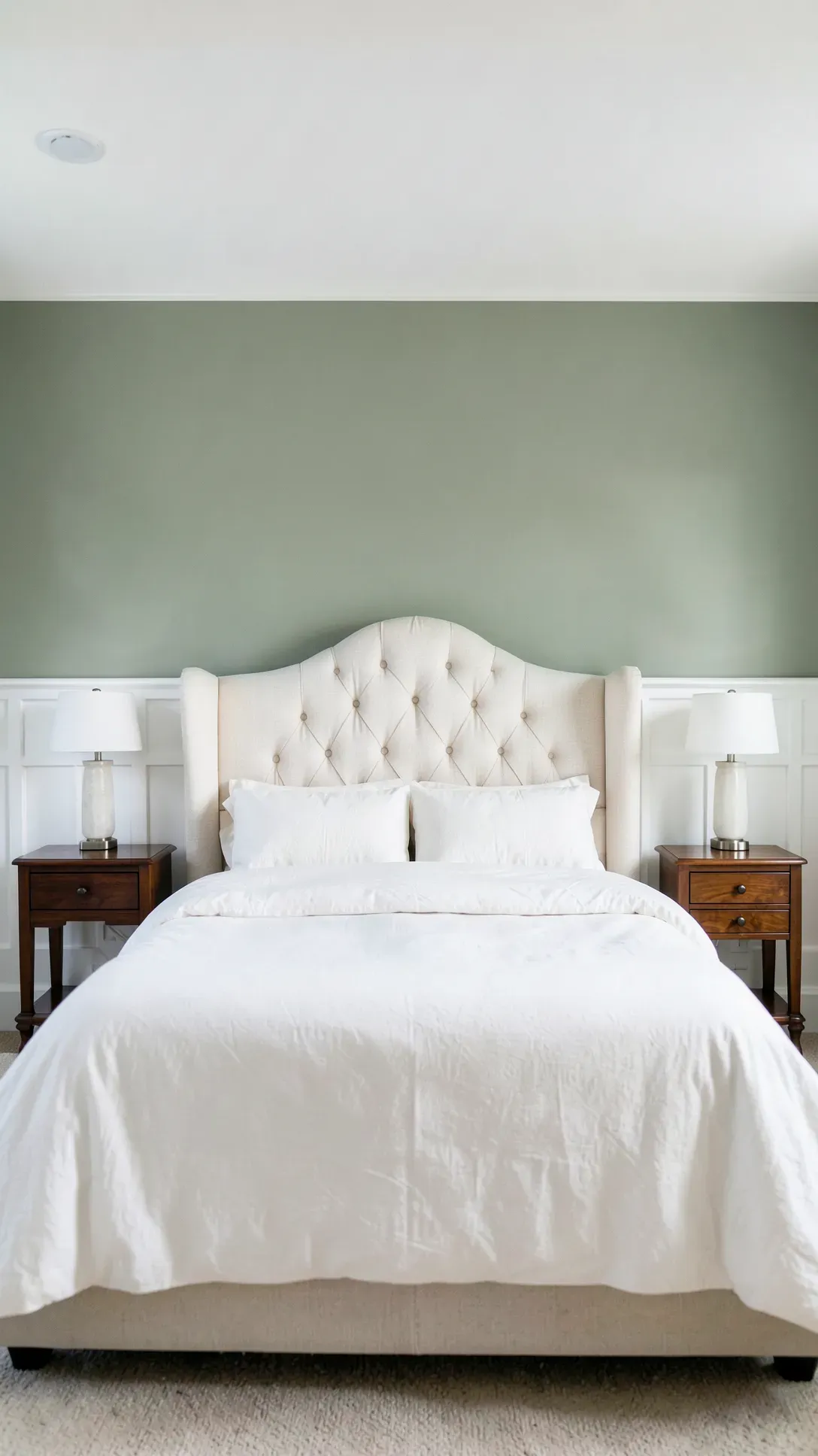 Elegant white wainscoting panels on the lower part of a sage green bedroom wall.