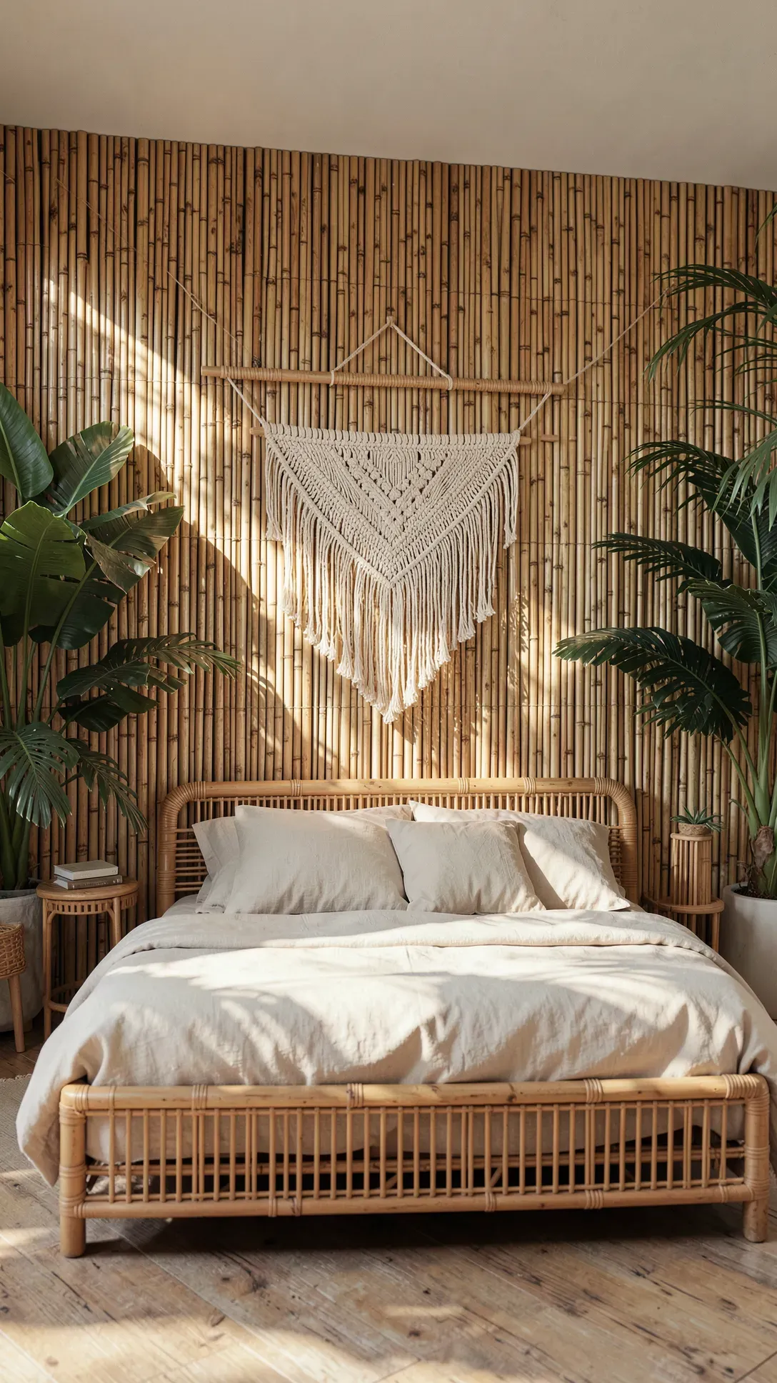 A tropical bedroom with a textured bamboo reed accent wall behind a rattan bed.