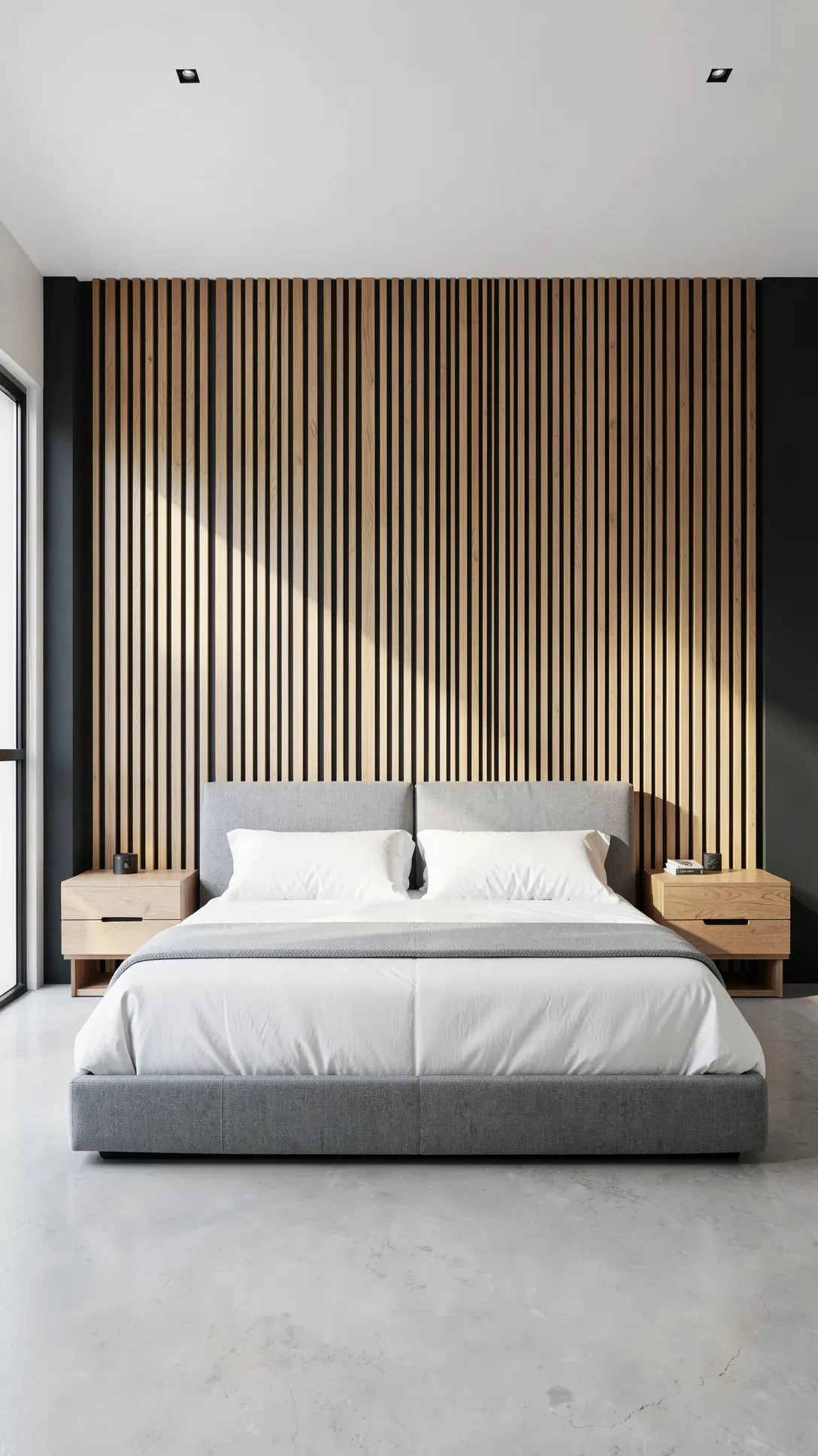 A modern bedroom with floor-to-ceiling vertical oak slats on the wall behind a white bed.