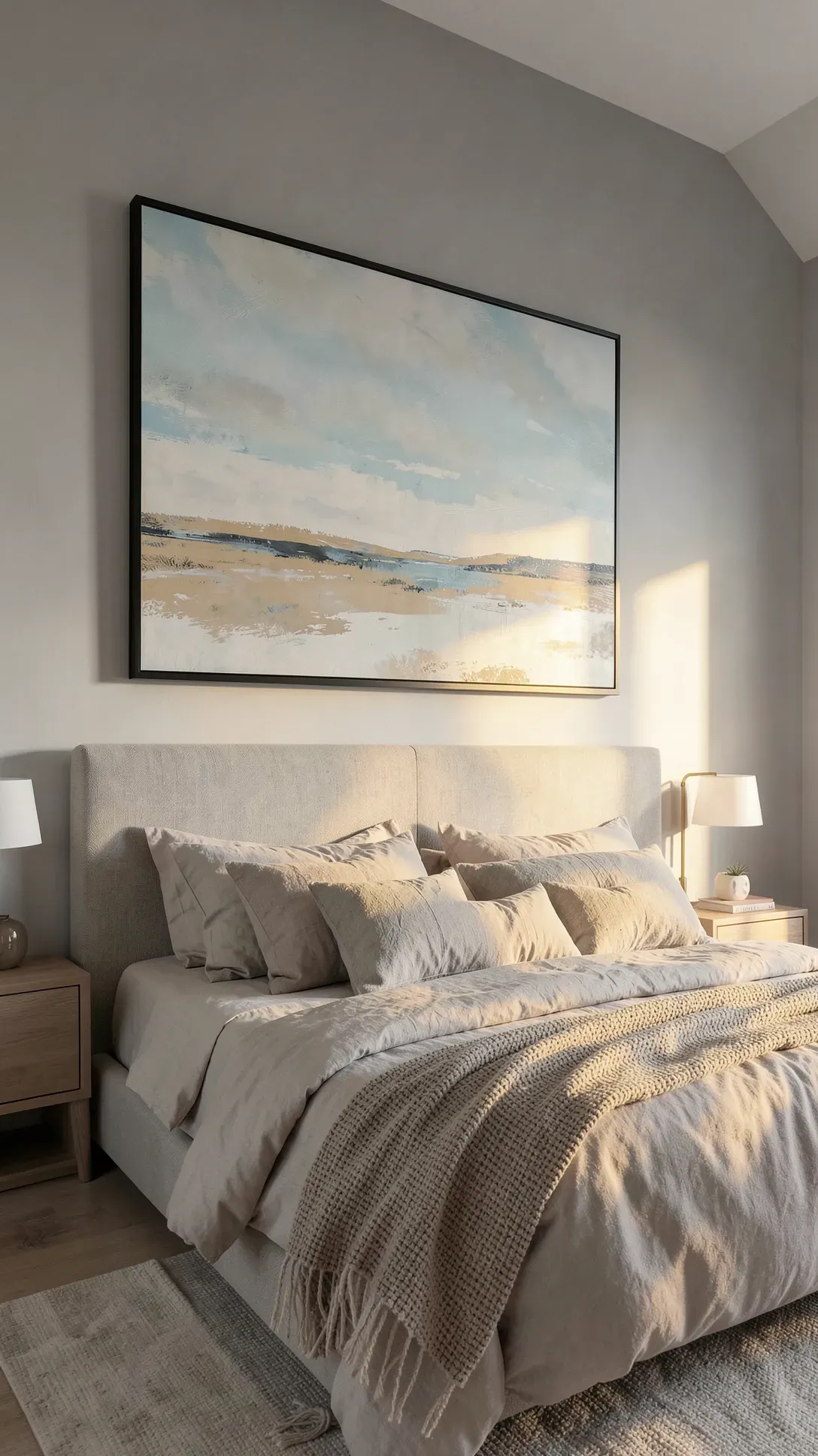 A large abstract canvas painting in a black frame hanging centered above a bed in a bright room.