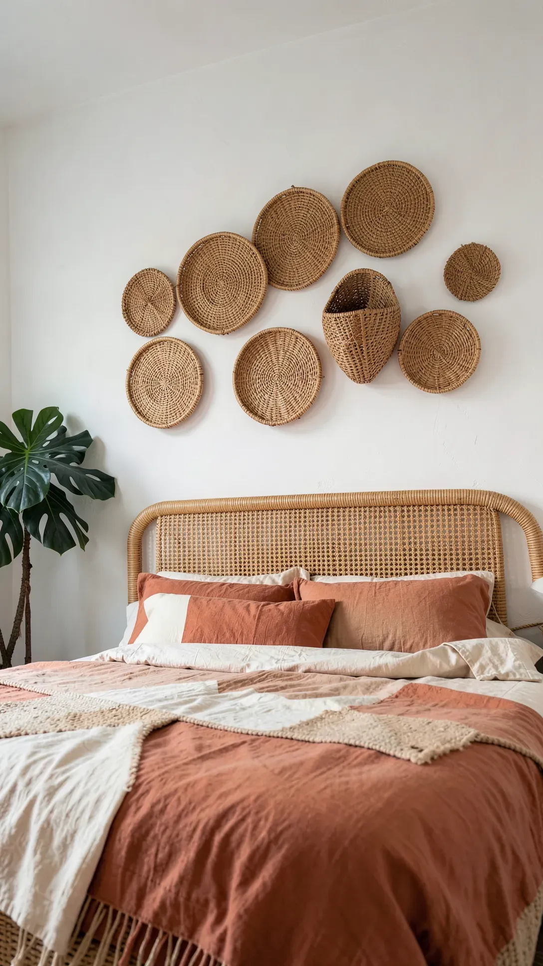A collection of woven rattan baskets arranged in a decorative cluster on a white wall above a bed.