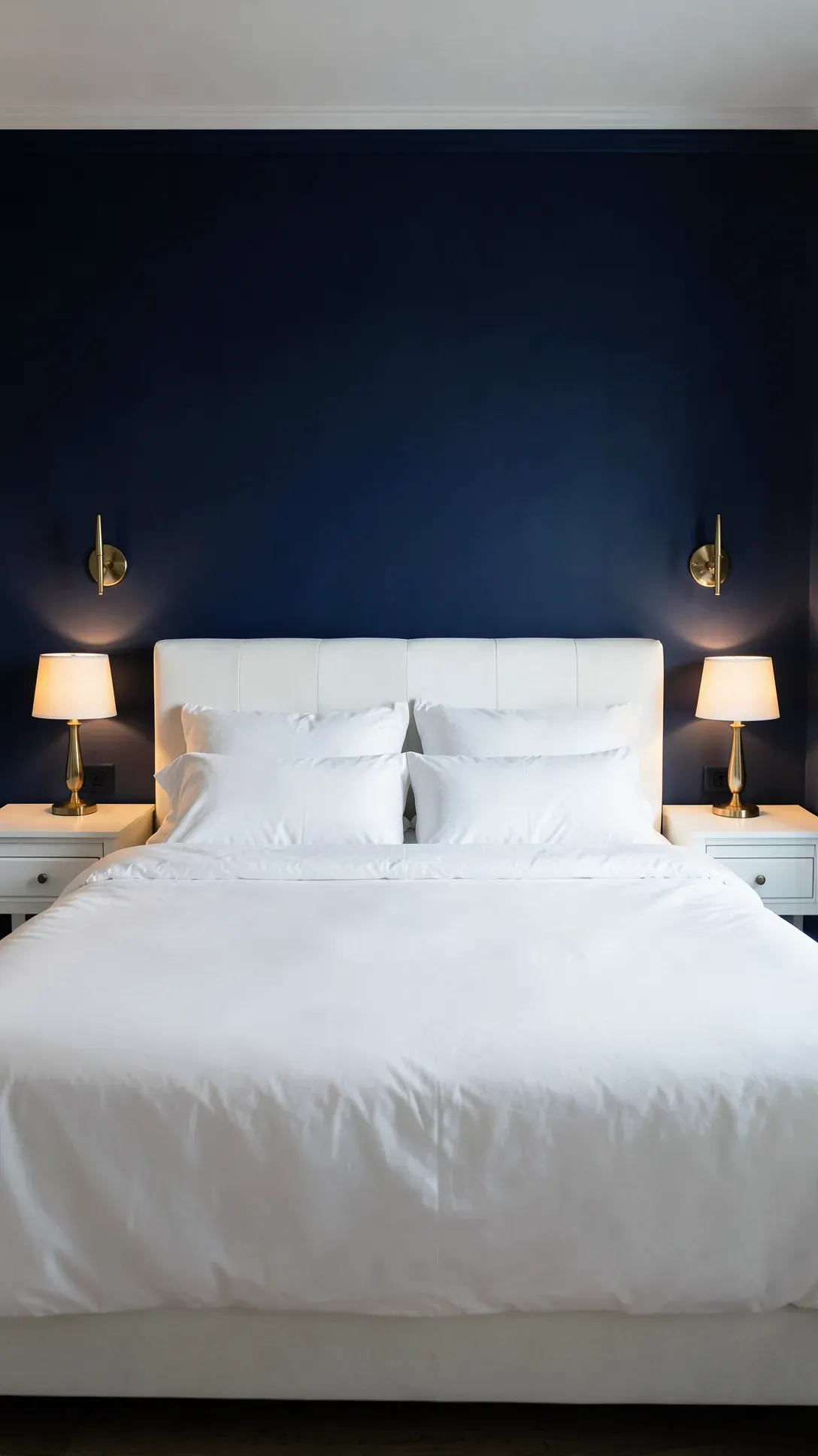 A bedroom with a bold navy blue wall behind a white bed with brass lamps.