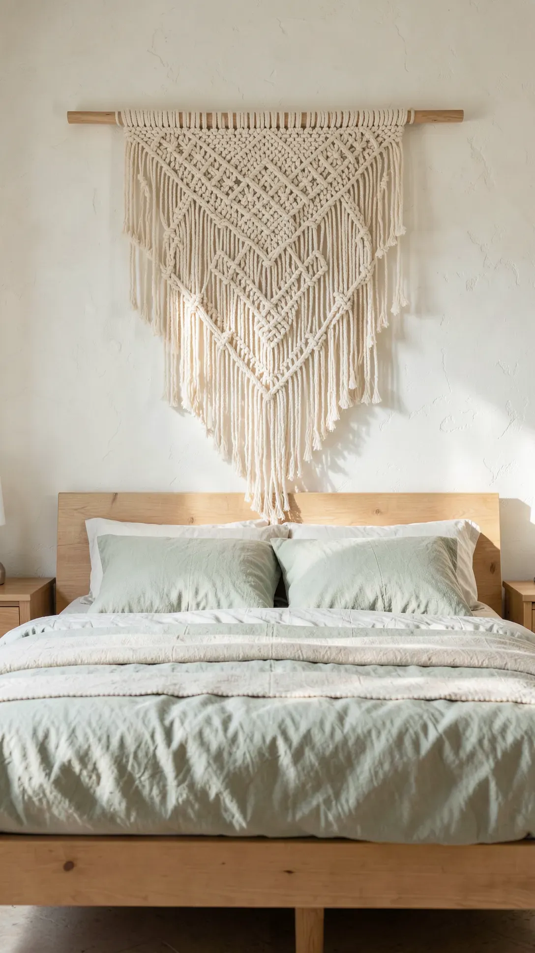 A large woven macramé tapestry hanging on a wooden dowel above a bed with green linens.
