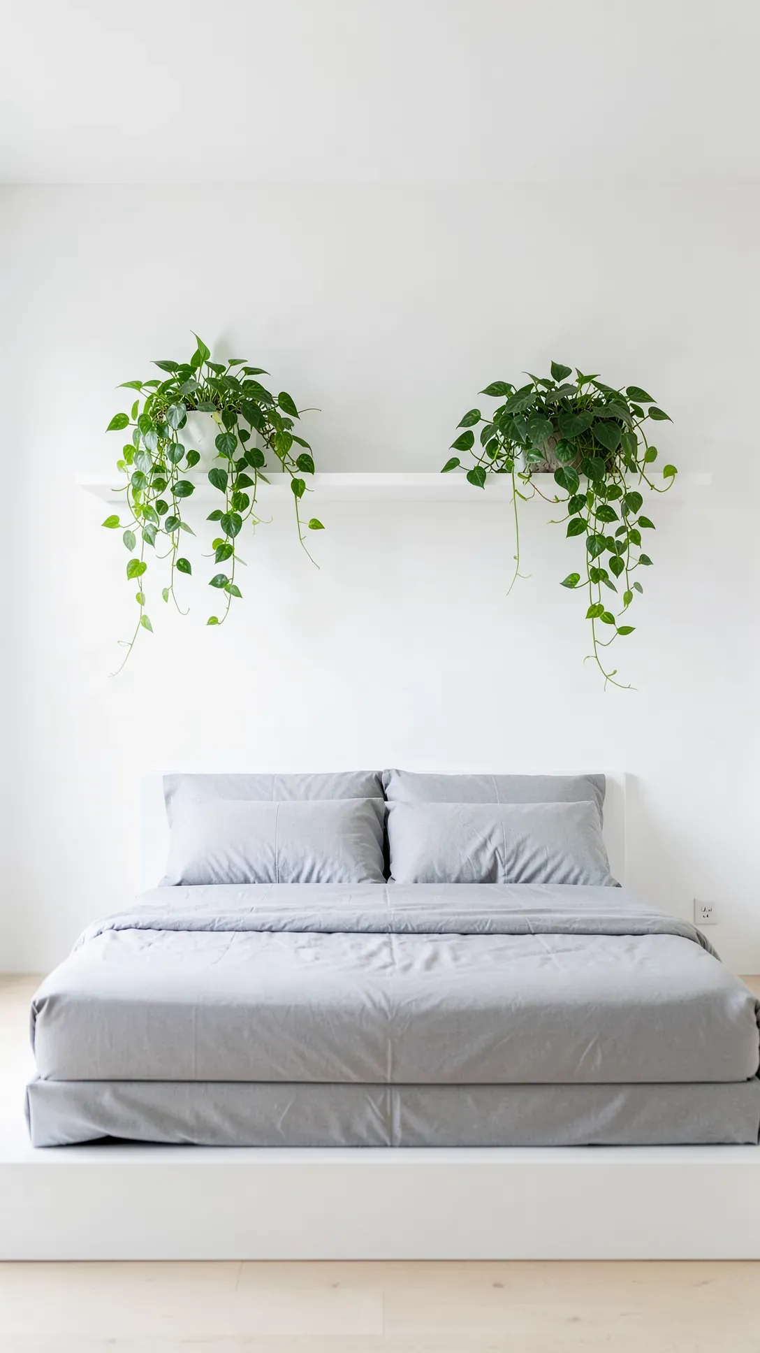 Symmetrical white floating shelves with green trailing plants on a white wall above a bed.