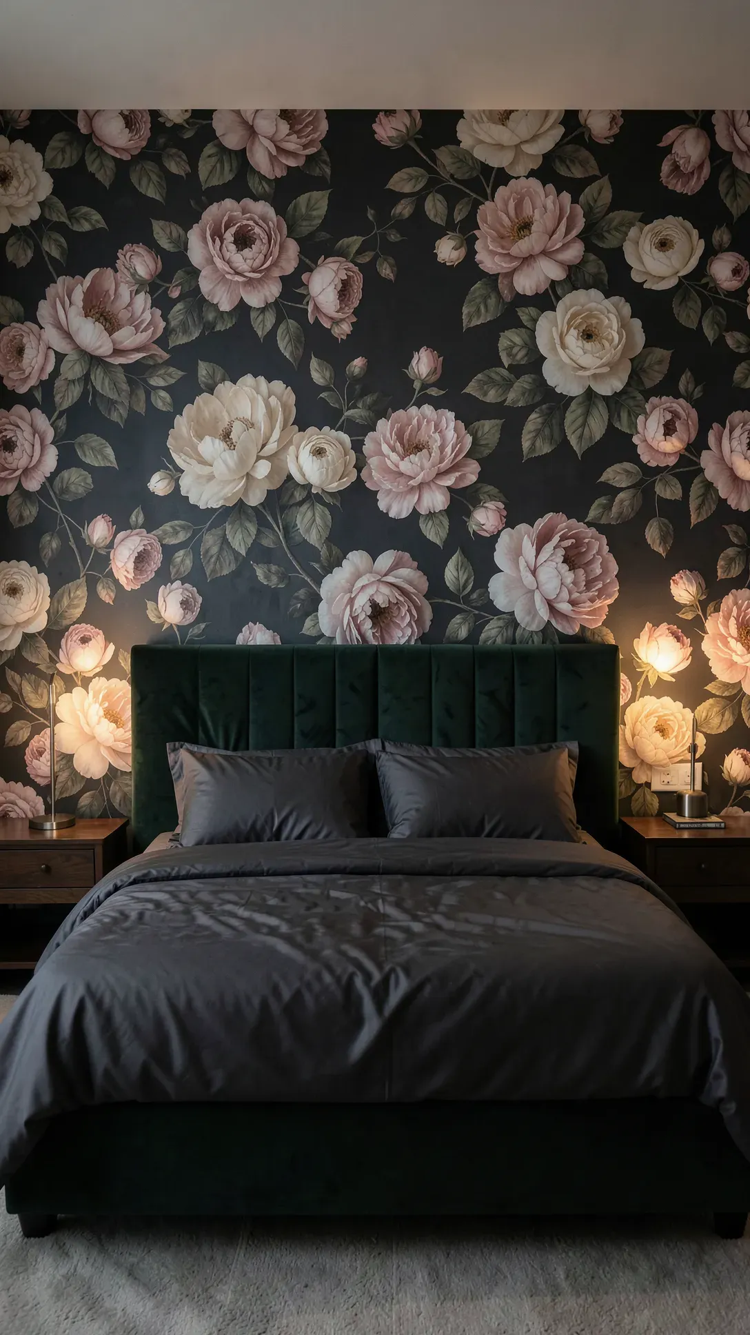 A bedroom featuring a dark floral wallpaper mural with large pink flowers behind a velvet bed.