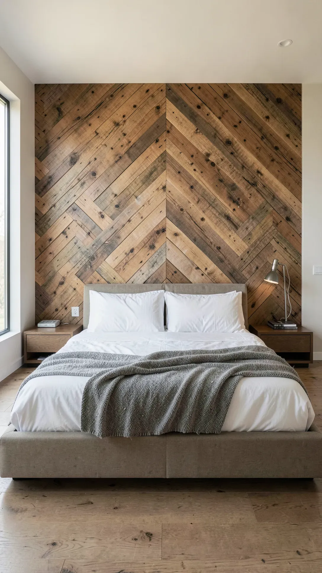 A bedroom featuring a floor-to-ceiling reclaimed wood accent wall in a herringbone pattern behind the bed.
