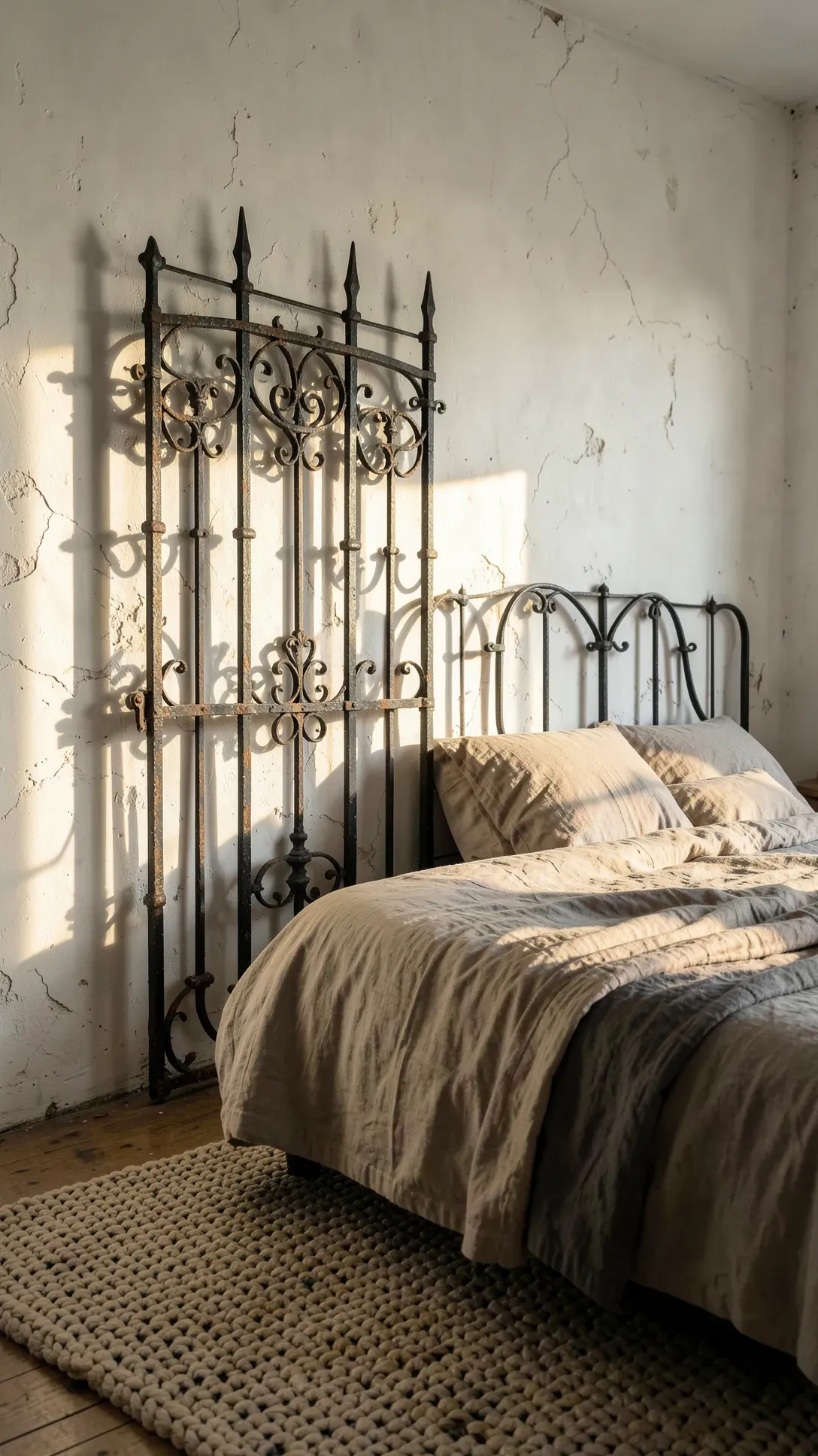 An antique black iron gate leaning against a white wall behind a bed, serving as a decorative backdrop.