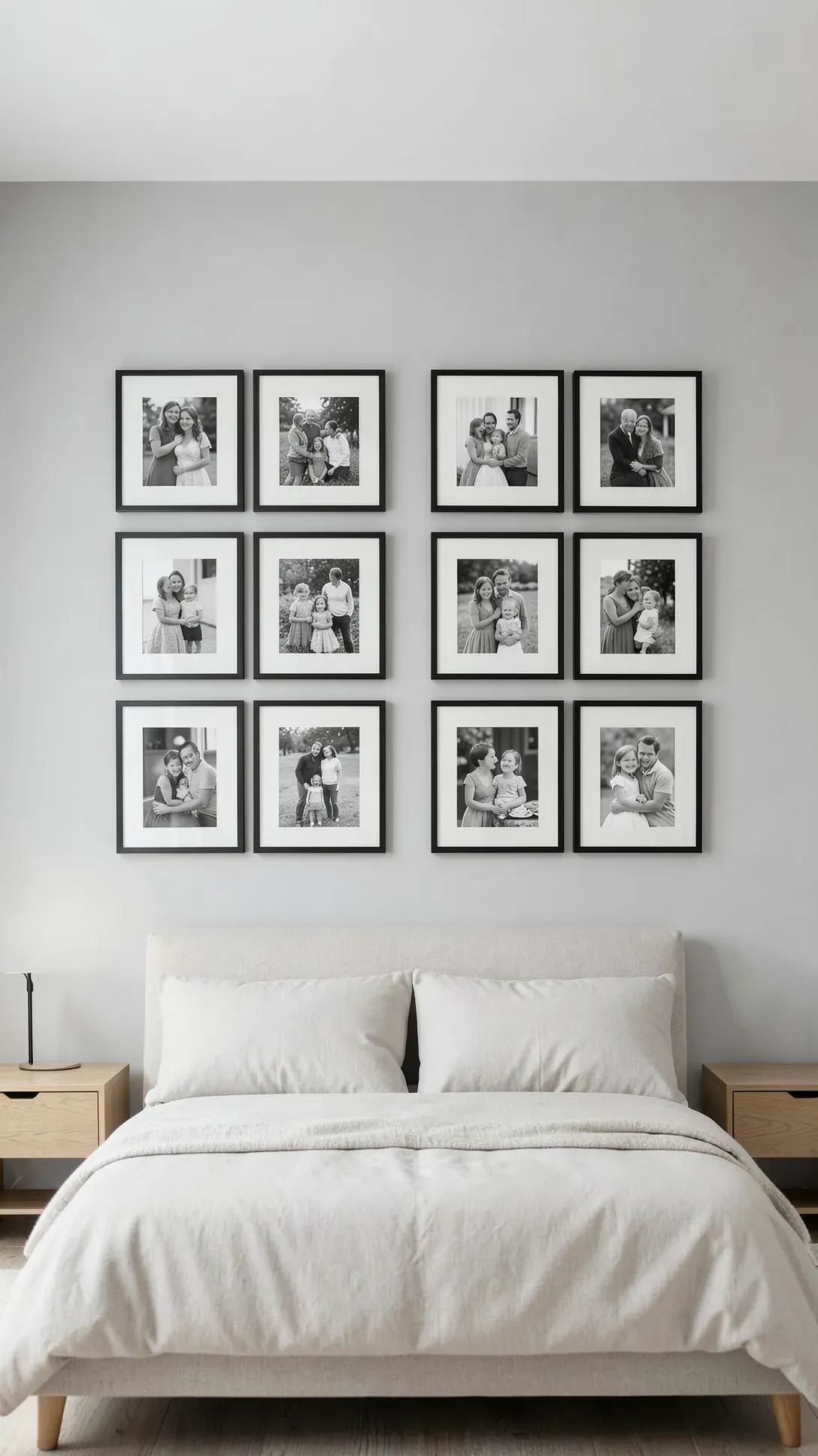 A clean grid of black-and-white photos in matching black frames hanging on the wall above a bed.