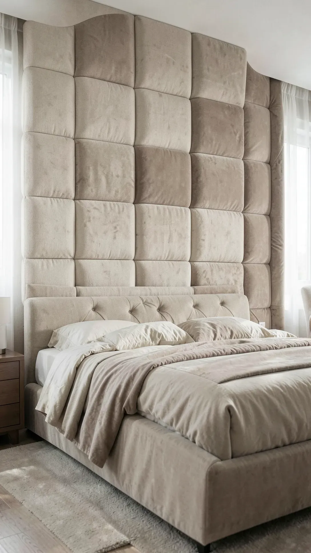 A bedroom wall covered in a grid of soft, beige fabric-wrapped upholstered squares behind the bed.