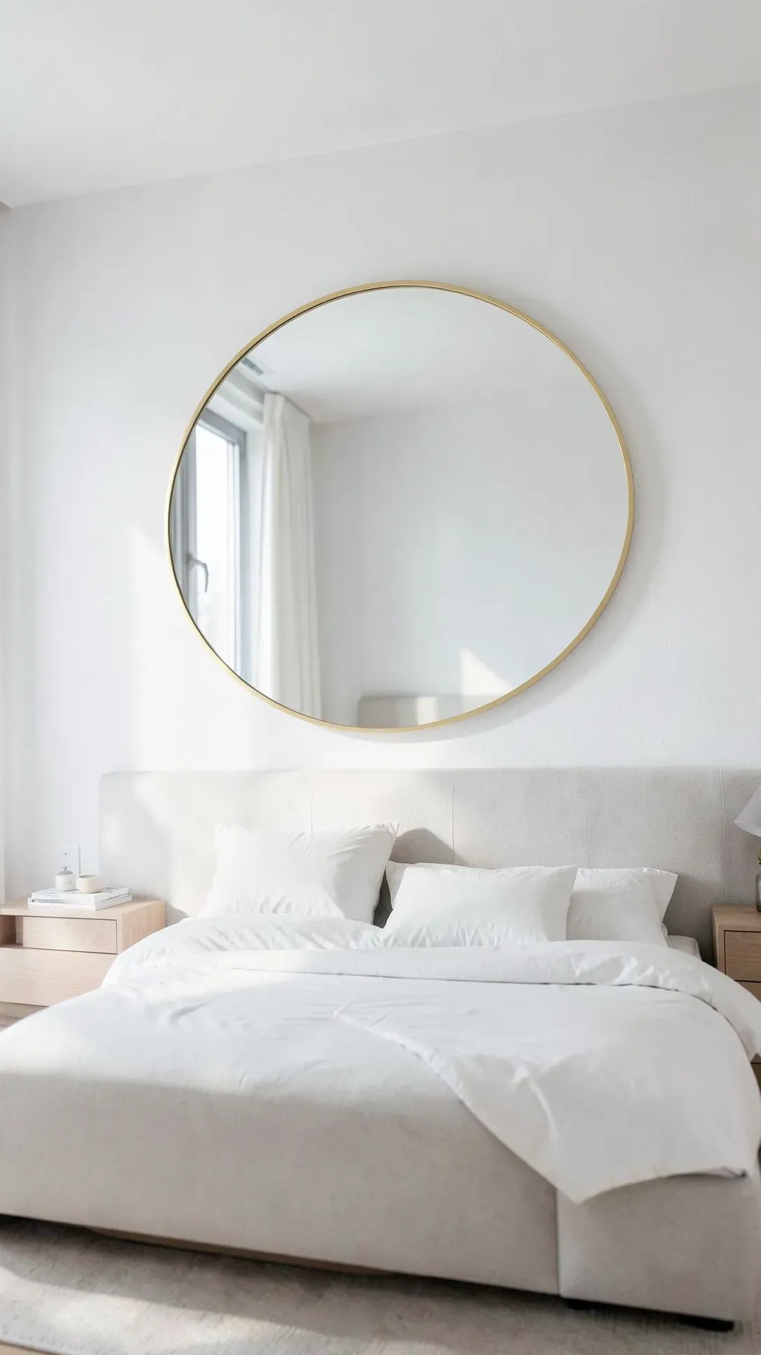 A large round mirror with a gold frame hanging on the wall above the bed, reflecting a bright room.