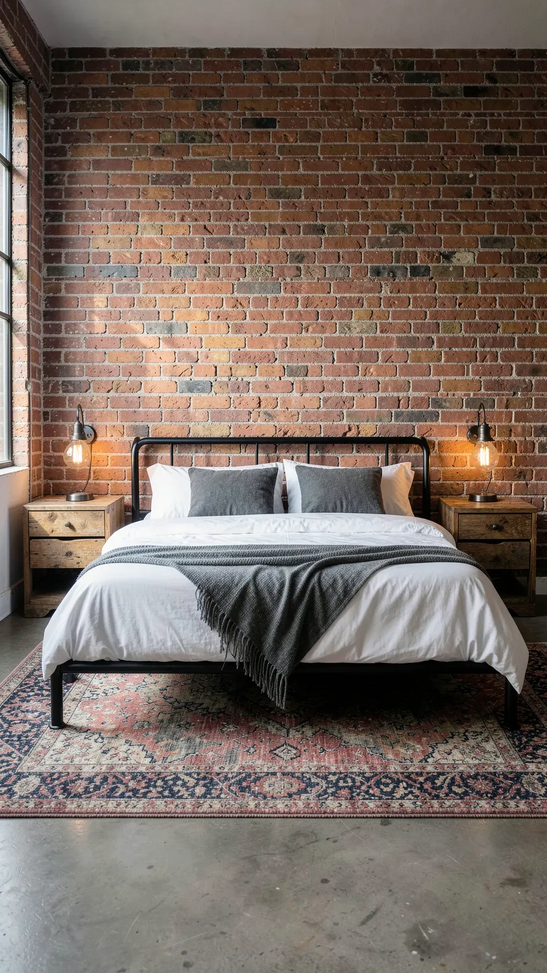 An industrial bedroom featuring a textured red brick accent wall behind a black metal bed frame.