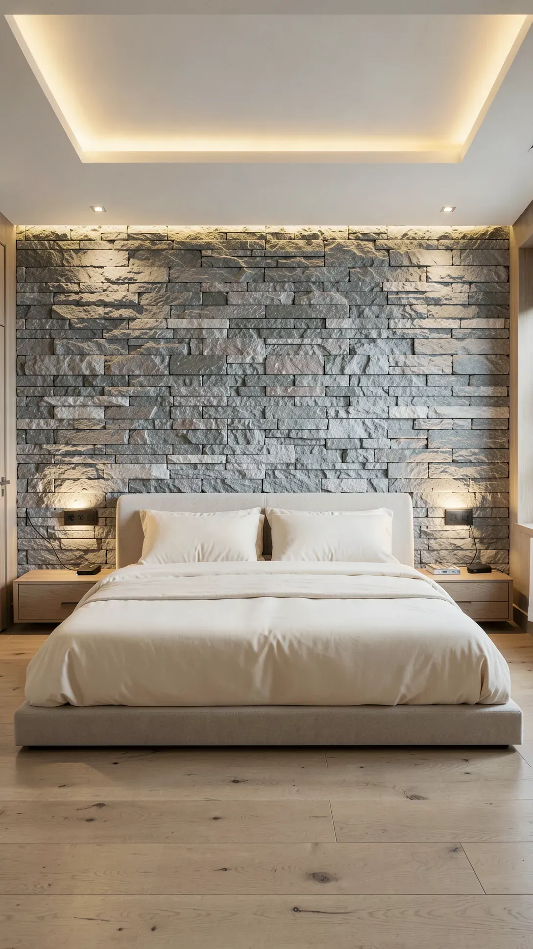 A luxury bedroom with a full-height textured ledger stone wall behind a minimalist cream bed.