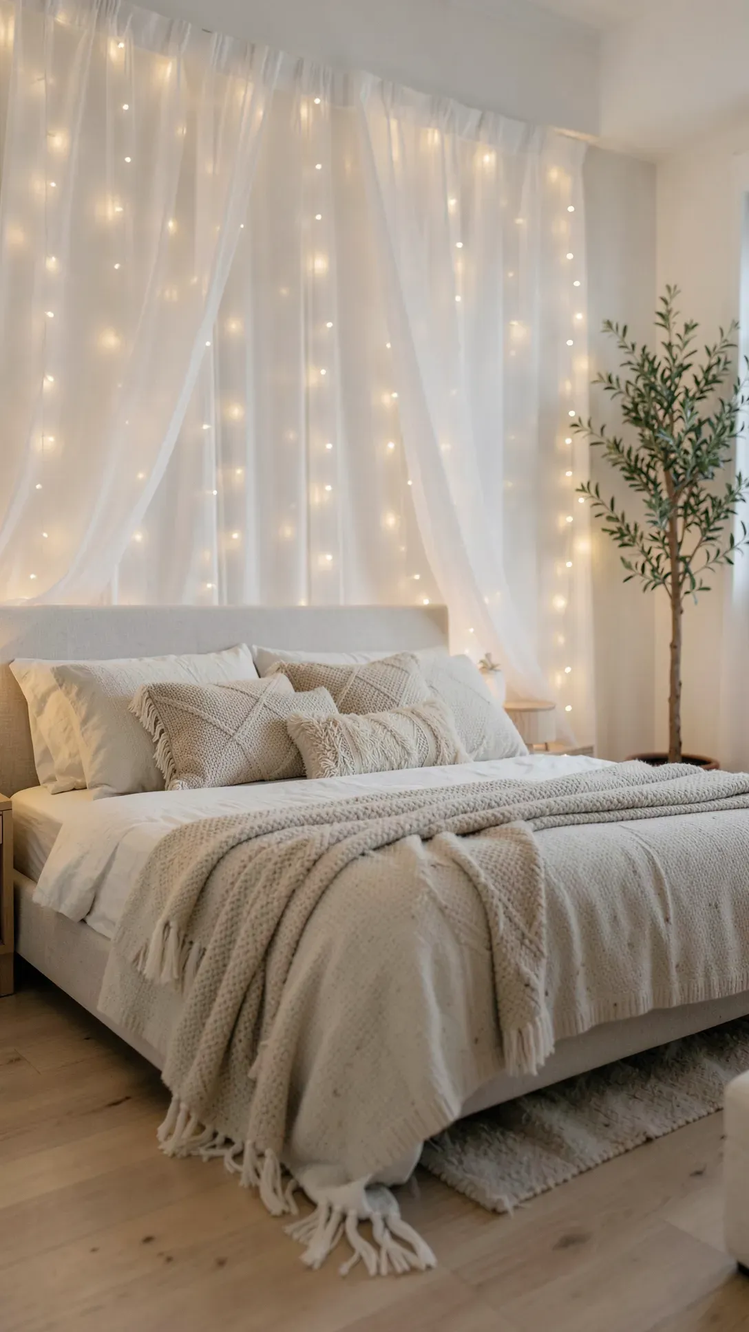 A dreamy bedroom wall with glowing fairy lights behind sheer white curtains above a bed.