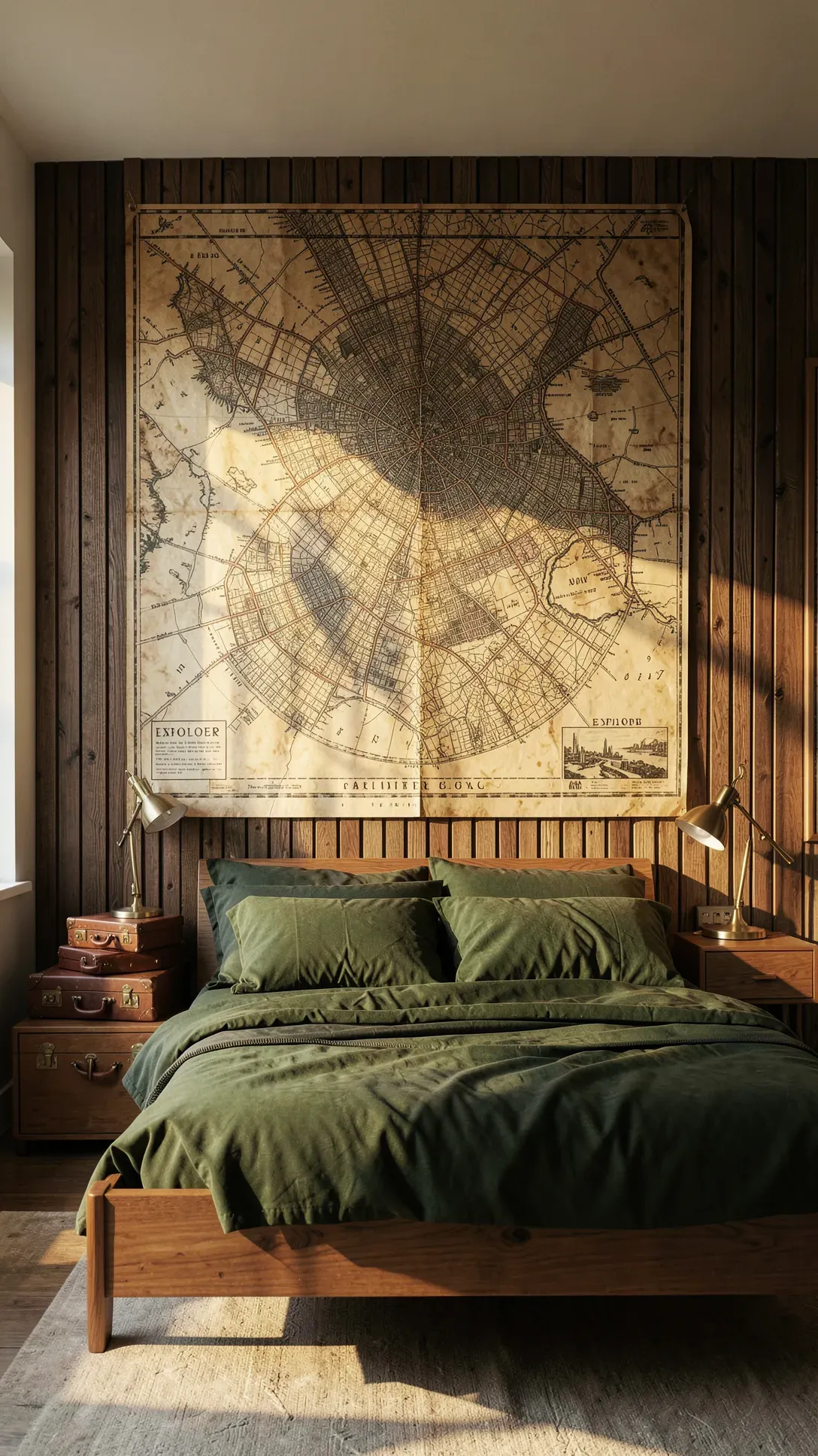 A large vintage map of a city hung as a focal point on a bedroom wall behind a bed.