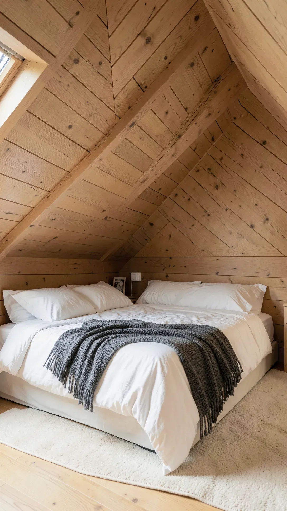 A cozy attic bedroom with light oak wood panels following the slope of the ceiling behind a white bed.