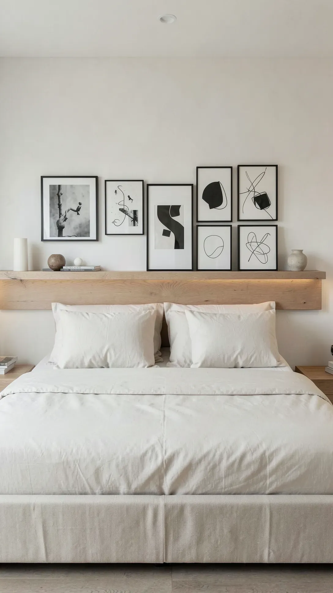 A long wooden shelf above a bed holding various framed art prints and small decorative objects.