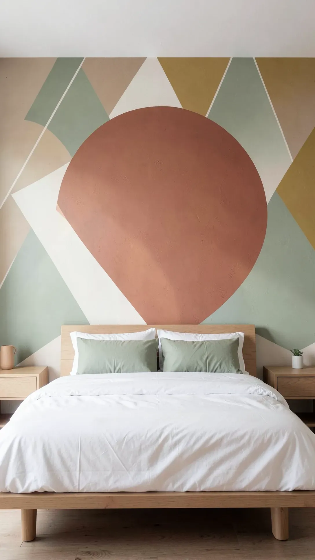 A bedroom wall featuring large painted circles and triangles in terracotta and sage green behind a bed.