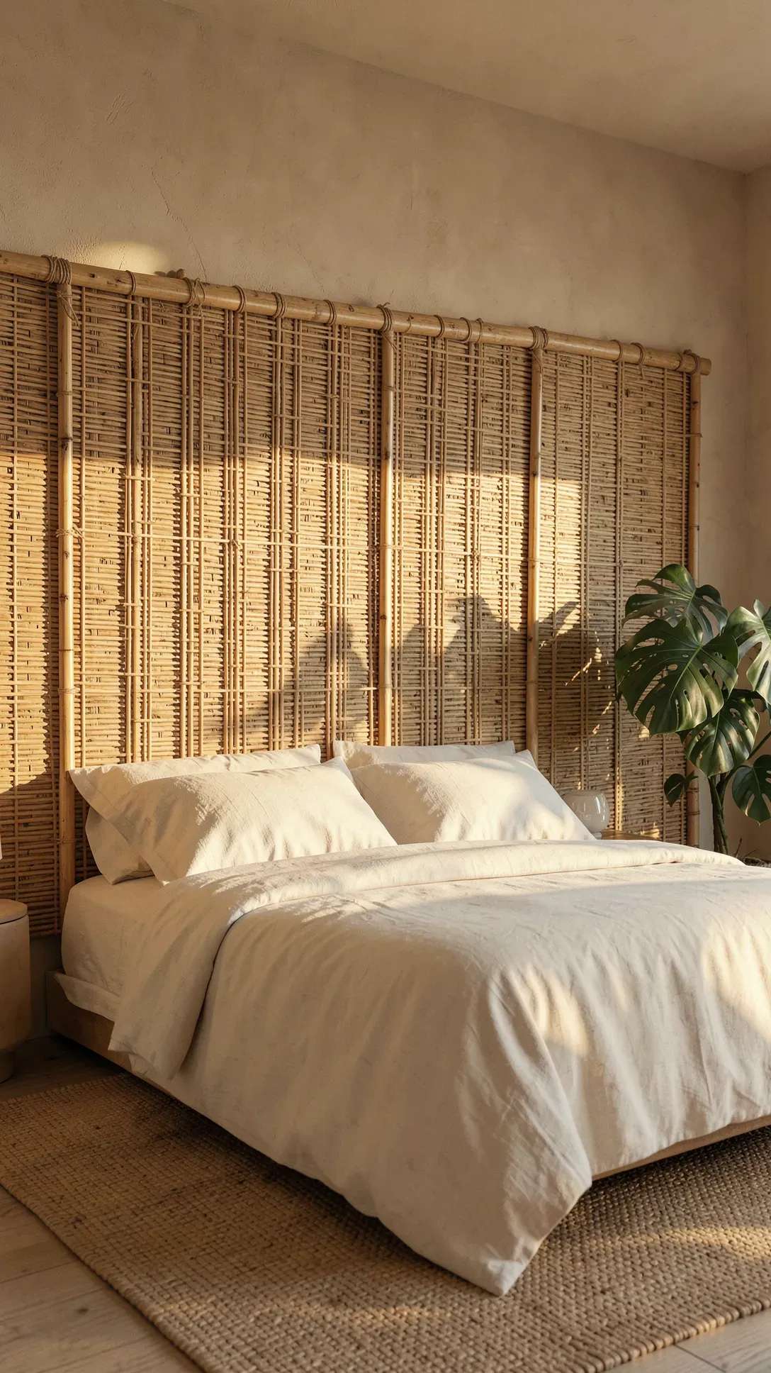 A natural bamboo reed screen used as a wide headboard on a neutral bedroom wall.