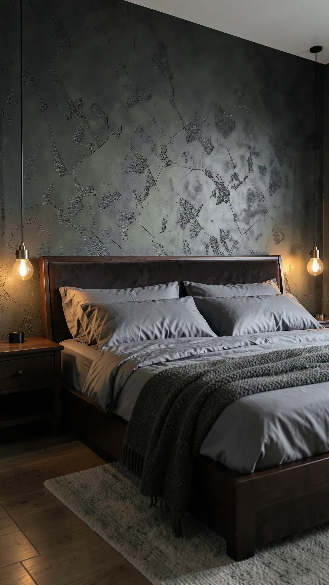 A bedroom wall with a textured dark charcoal lime wash finish behind a modern bed.
