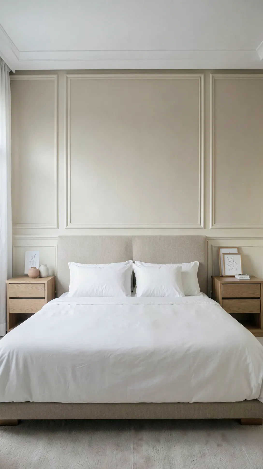 A bedroom featuring cream wainscoting panels behind the bed with a neutral color palette.
