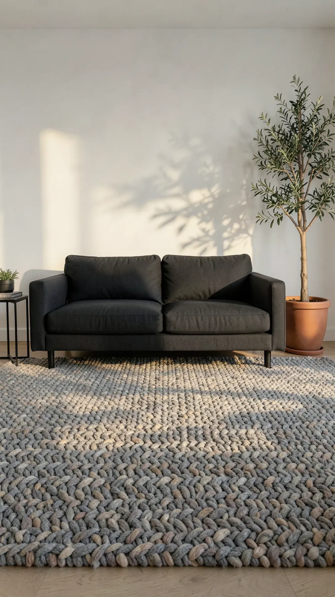 A textured greige wool loop rug paired with a dark charcoal sofa in a cozy living room.