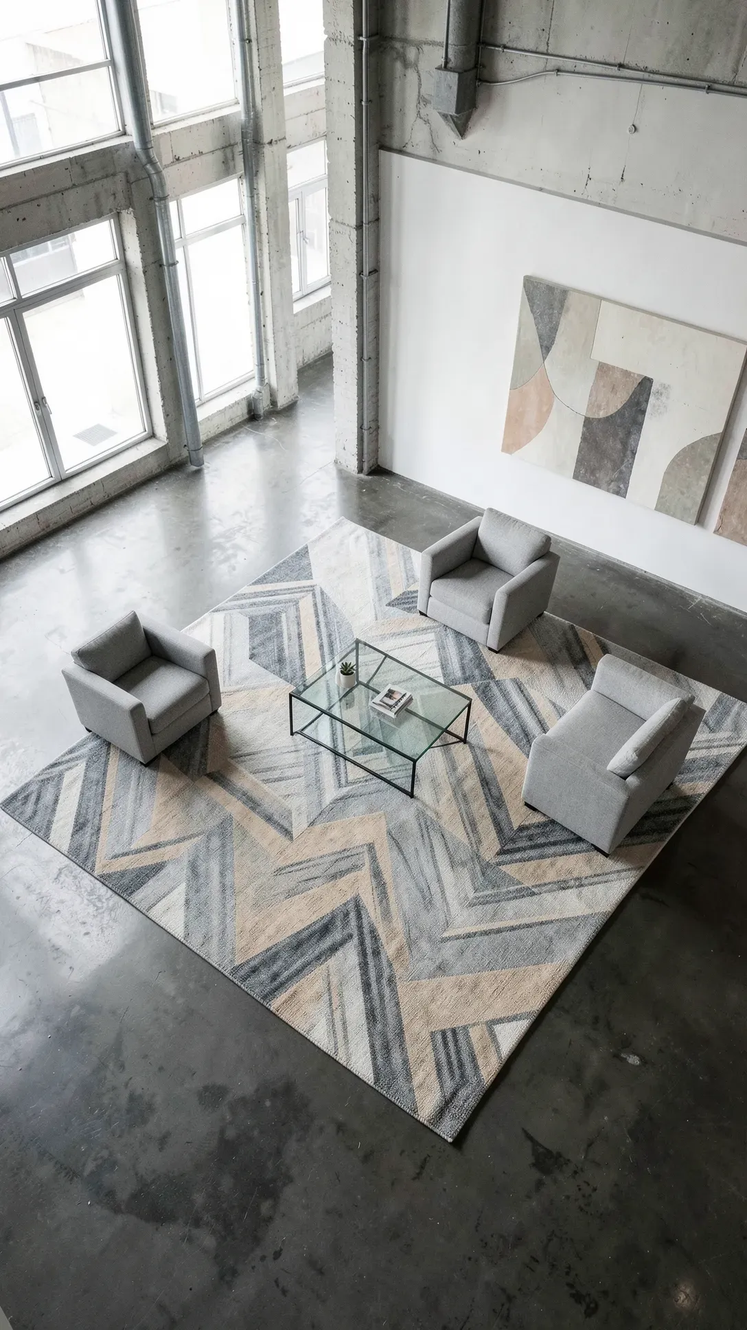 A geometric grey and beige patterned rug under a glass coffee table in a minimalist room.