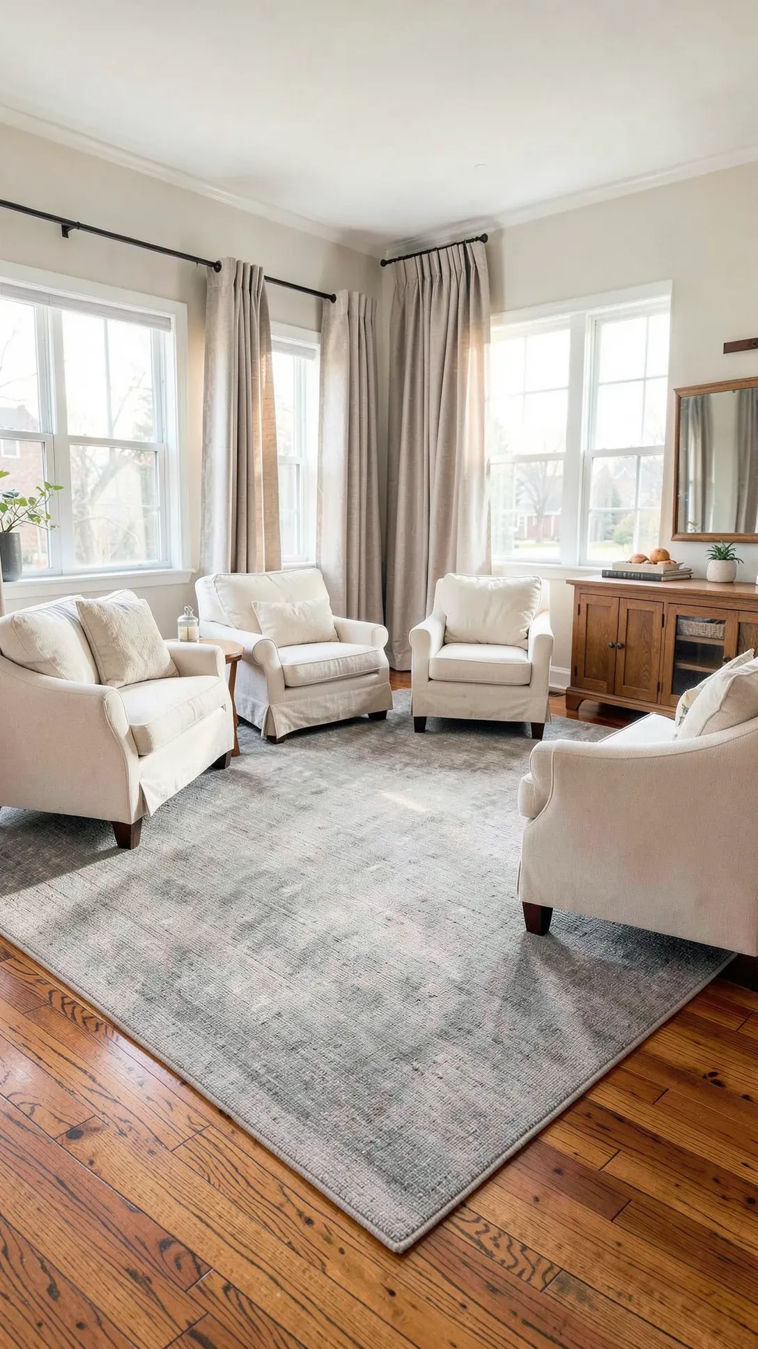 A solid grey-beige area rug on warm wood floors in a bright, balanced living room.