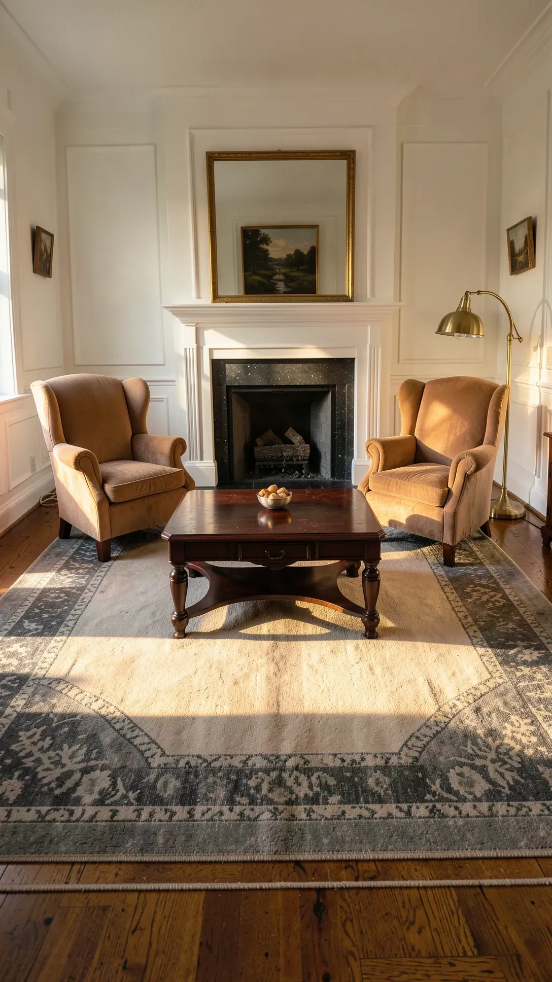 A stone grey bordered rug framing traditional tan furniture and a dark wood coffee table.