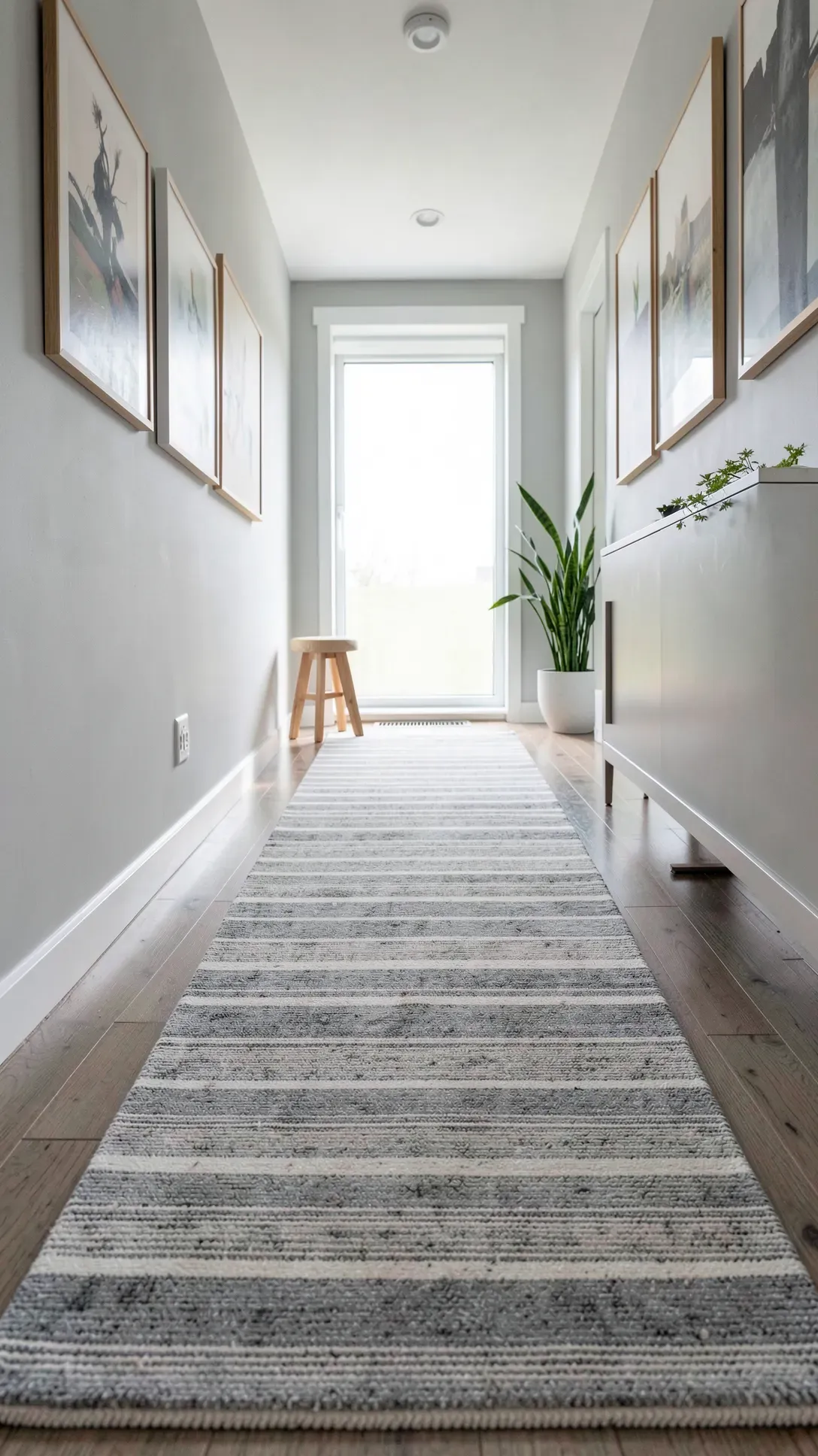 A striped greige runner rug in a narrow living area, creating a sense of depth.