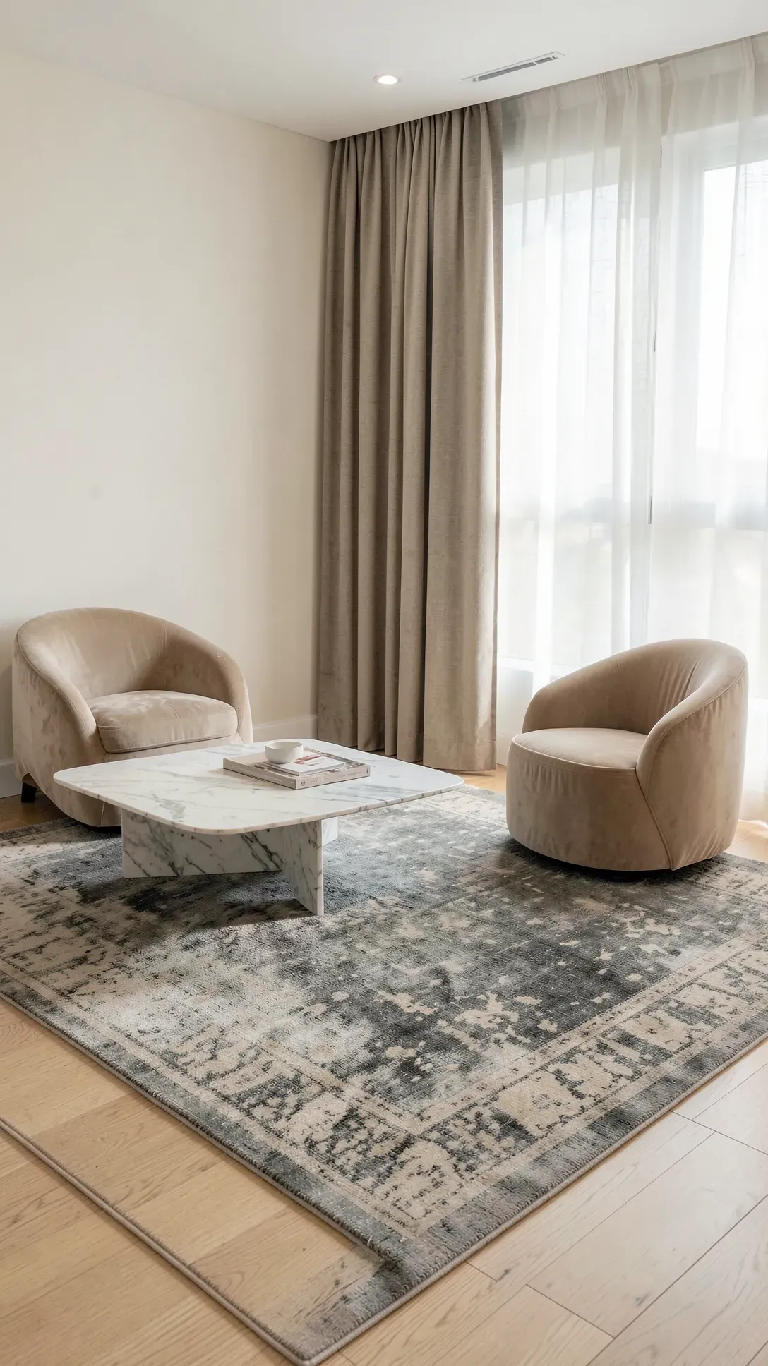 A faded vintage grey and beige rug in a bright living room with two warm beige velvet chairs.