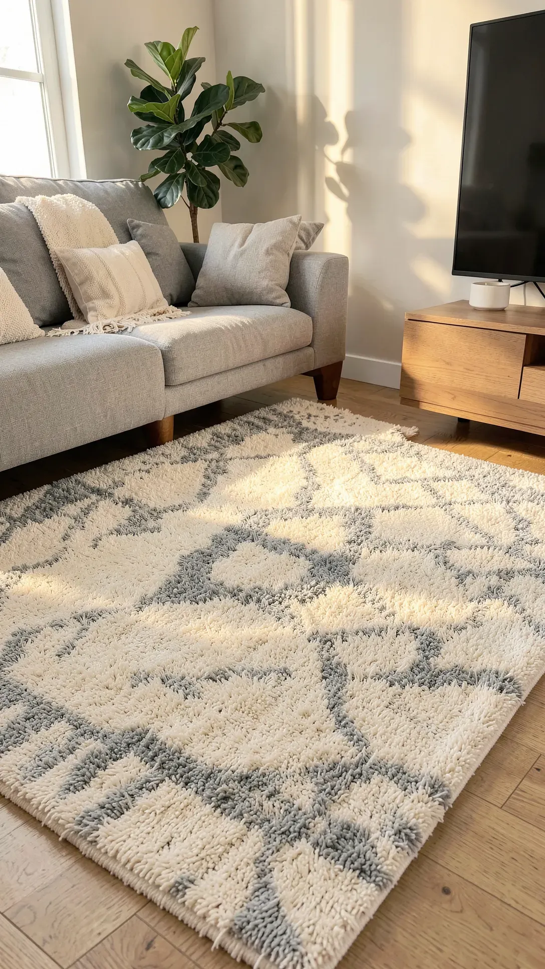 A thick, shaggy cream and grey Moroccan rug with a diamond pattern in a sunlit modern living room.