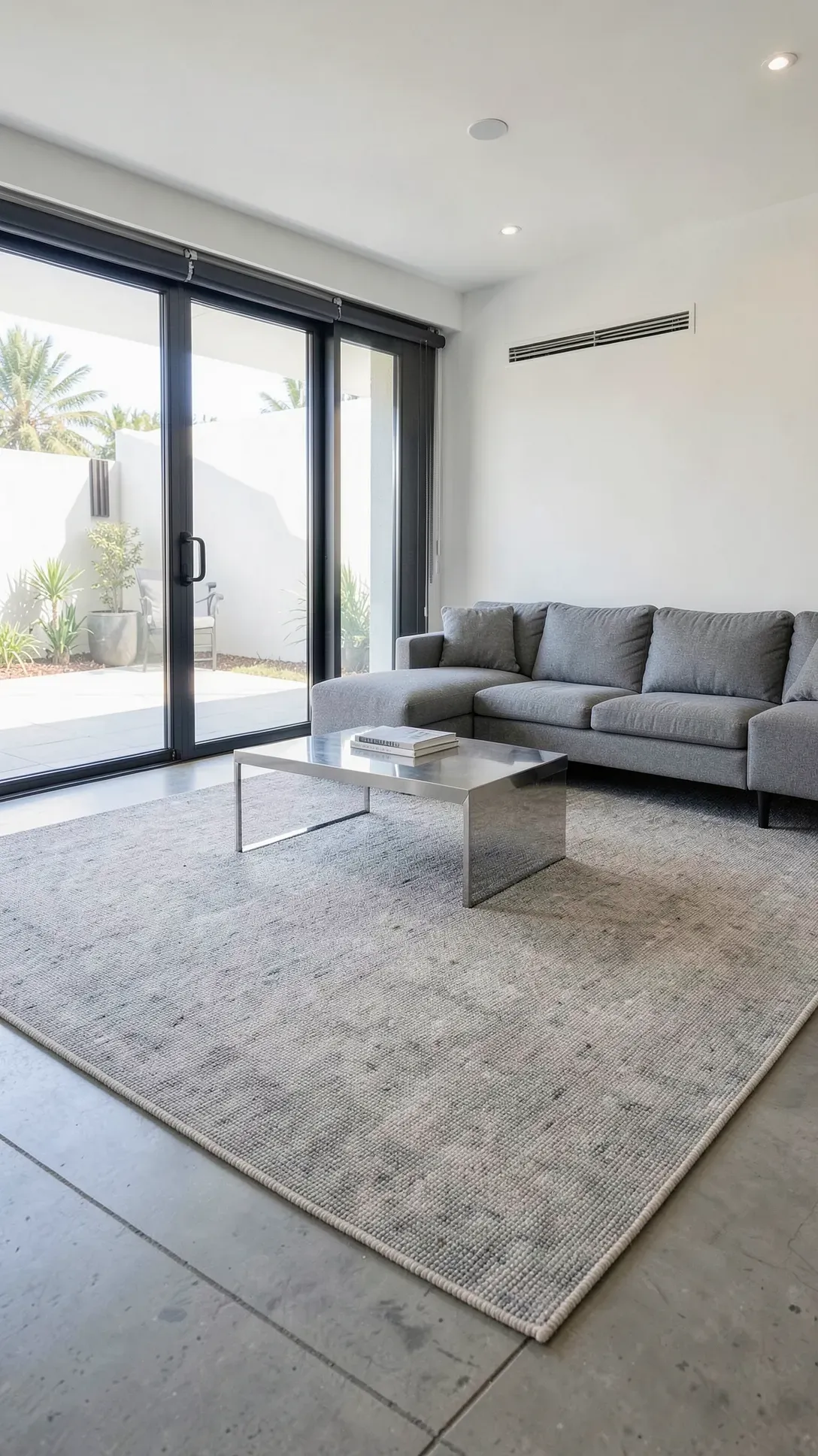 A durable grey-beige flatweave rug in a high-traffic modern living room with glass doors.